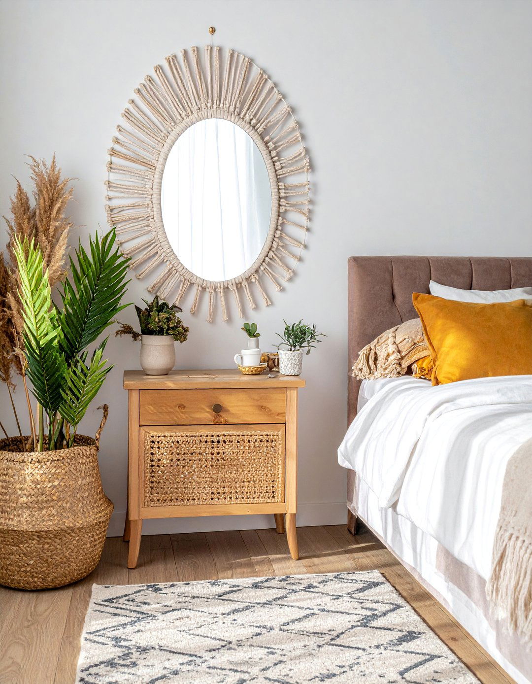 Macrame Cord Mirrors - 30 Mirror Behind Nightstand Ideas for Stylish Bedrooms
