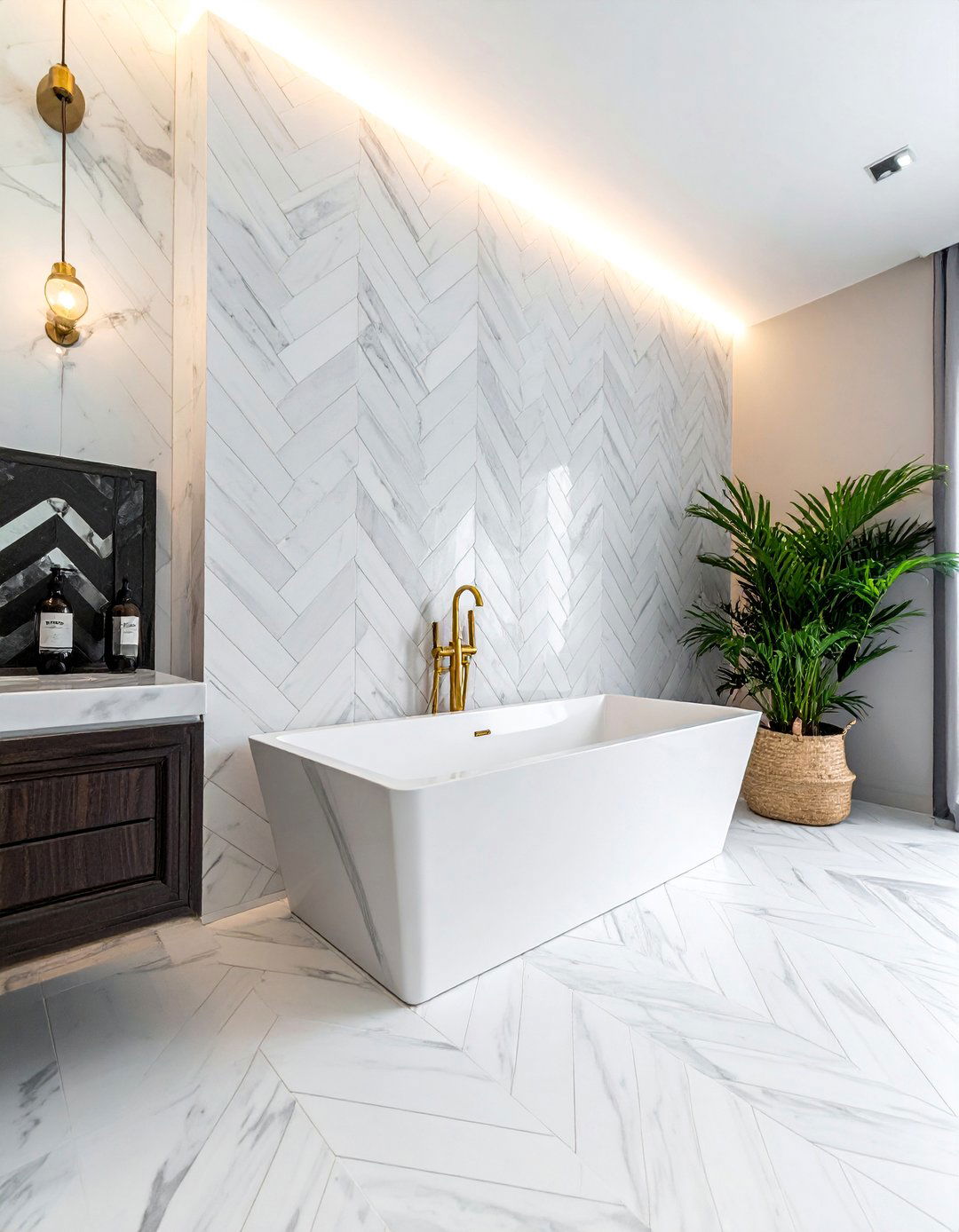 Marble Herringbone Bathtub Tiles - 40 Bathtub Tile Ideas for a Stunning Bathroom