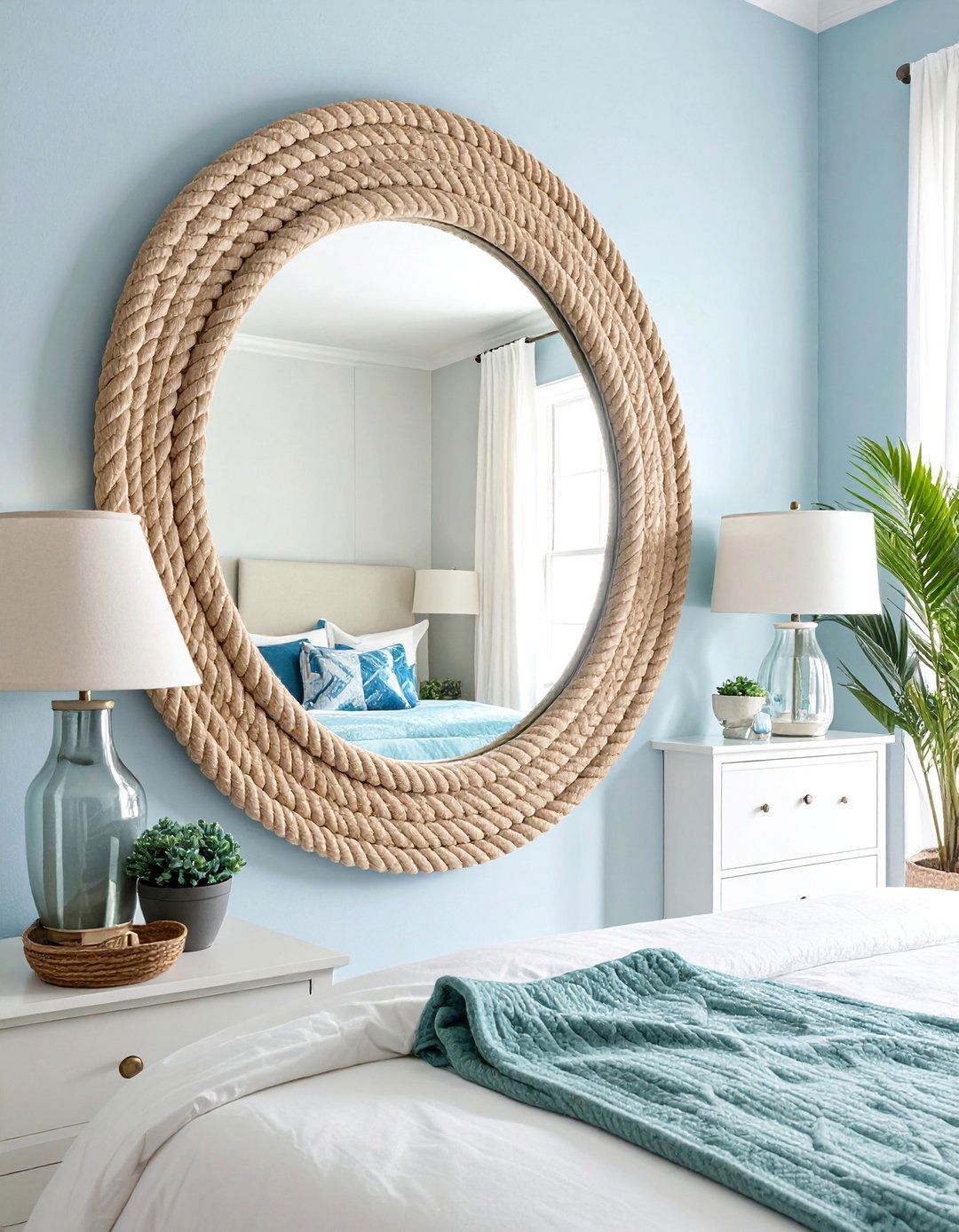 Maritime Rope Frame Mirrors - 30 Mirror Behind Nightstand Ideas for Stylish Bedrooms