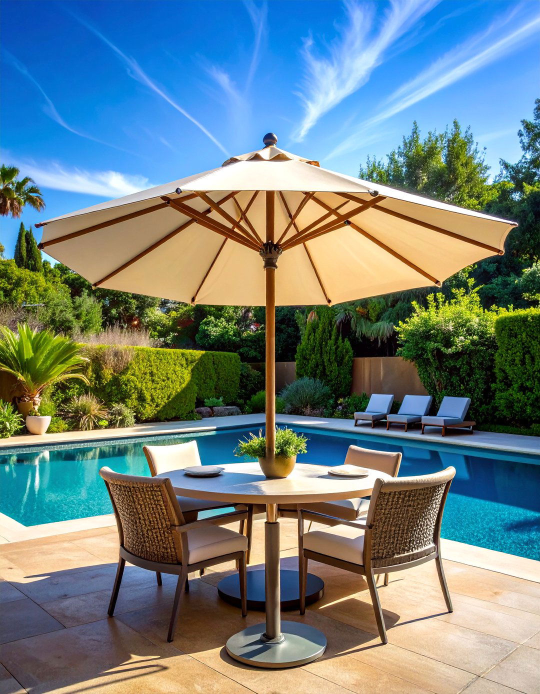 Market Umbrellas with Coordinated Table Settings - 20 Pool Furniture Ideas for a Relaxing Outdoor Space