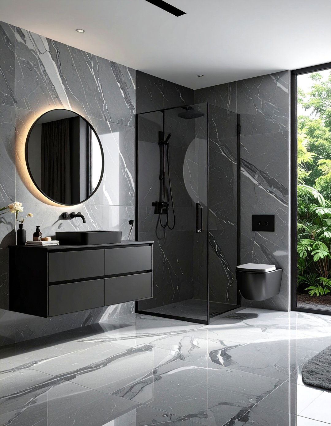 Matte Black Fixtures on Grey Marble Walls