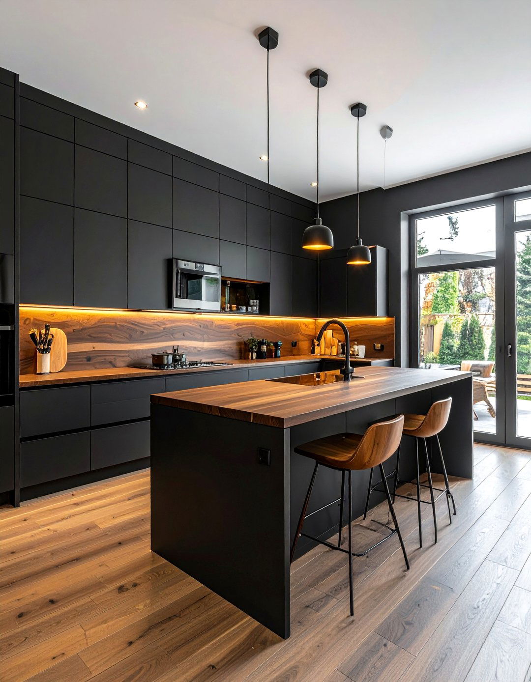 Matte Black Flat Panel Cabinets with Walnut Countertops - 25 Stunning Kitchen Ideas with Black Cabinets & Wood Countertops