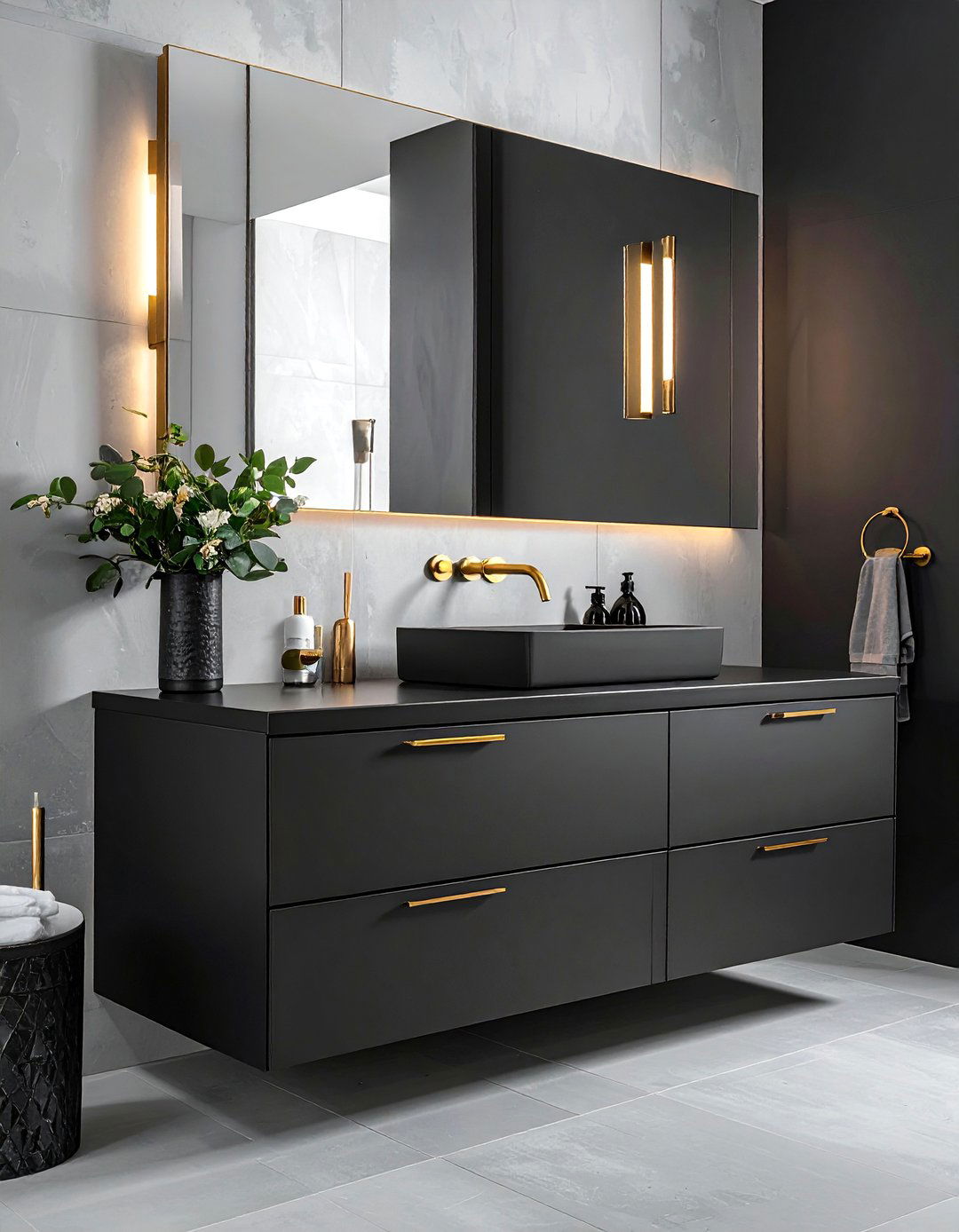 Matte Black Vanities with Gold Hardware - 20 Black and Gold Bathroom Ideas for a Luxurious Feel