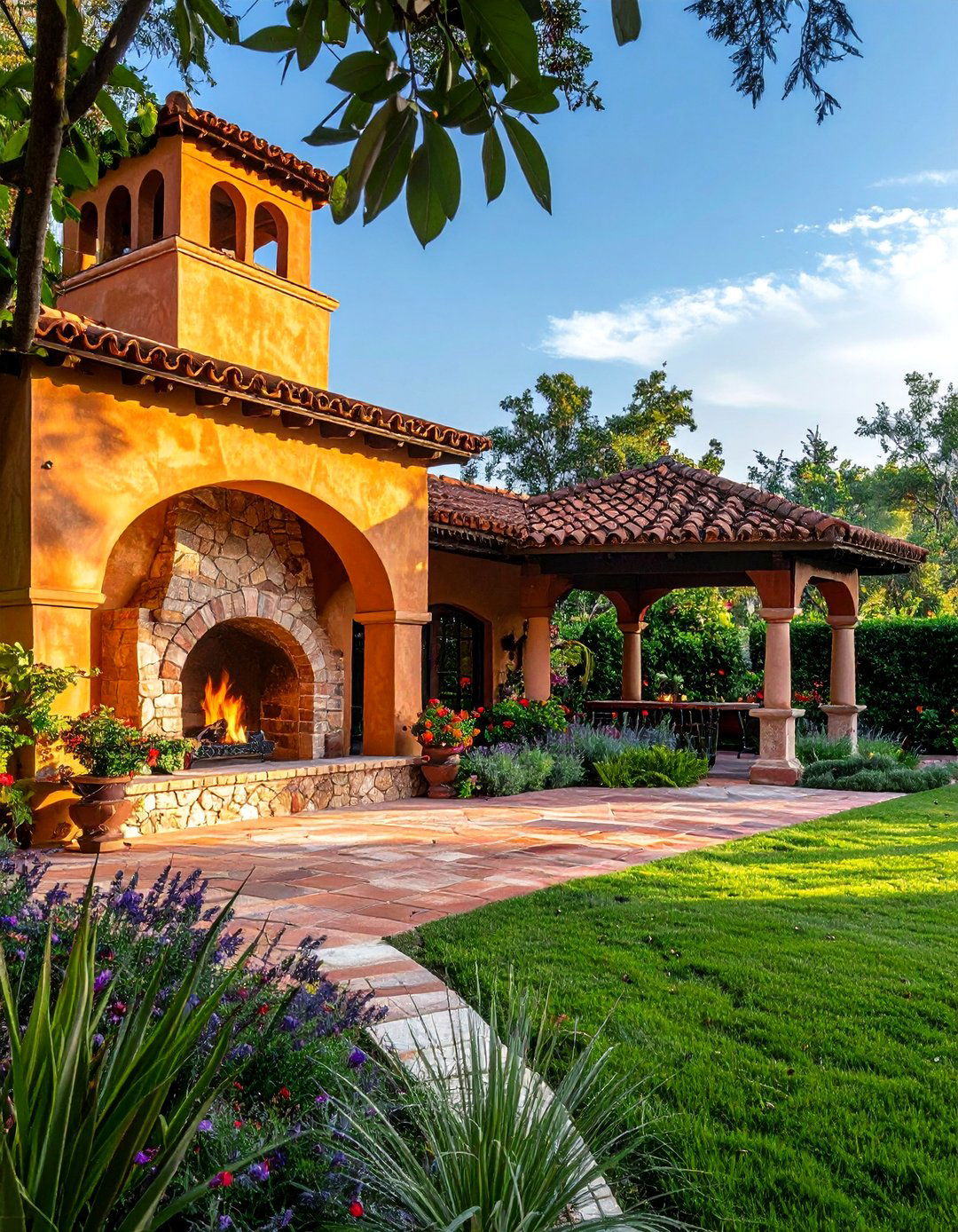 Mediterranean Pavilion with Stucco Fireplace