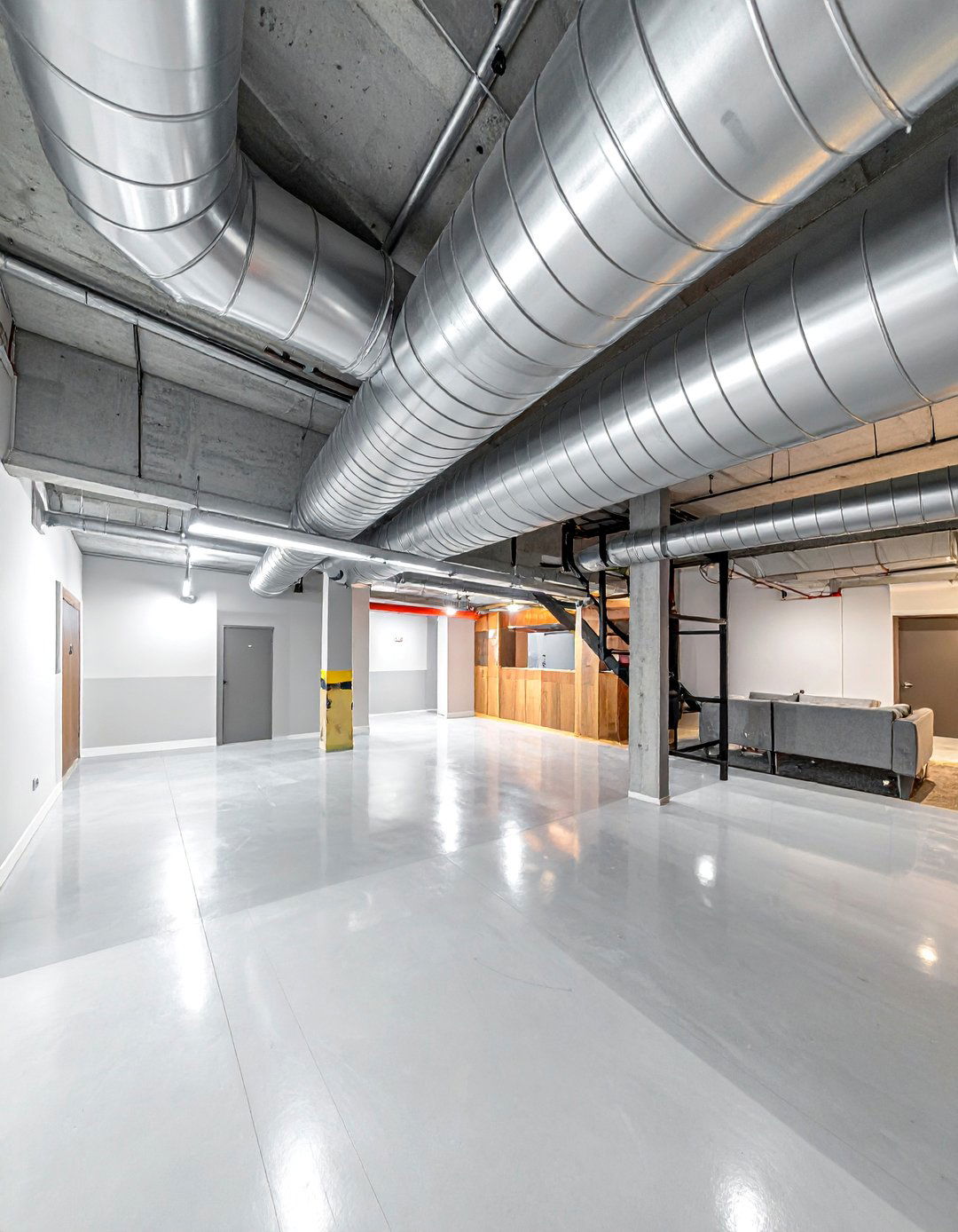 Metallic Silver Ductwork Design - 25 Exposed Basement Ceiling Ideas for Industrial Style