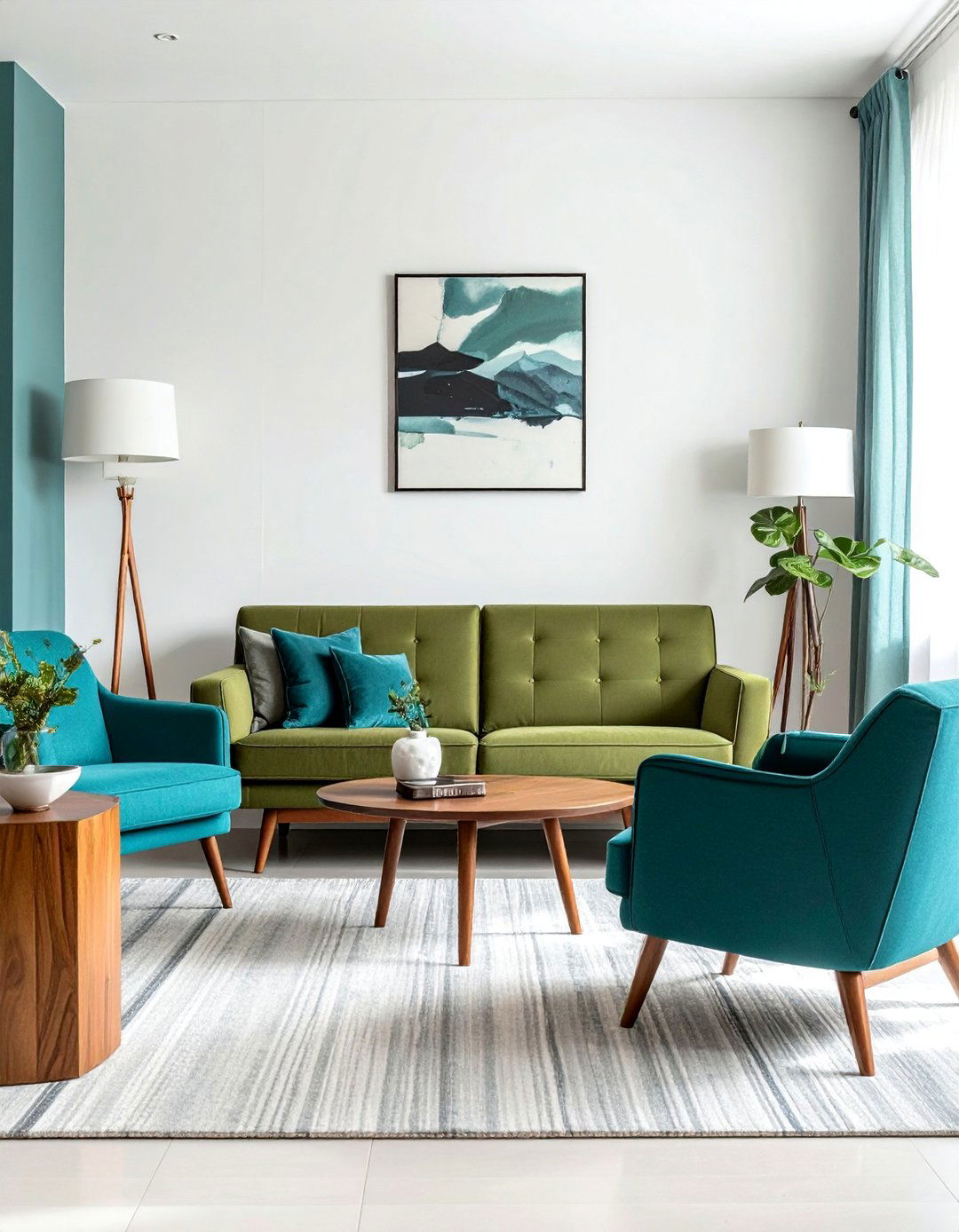 Mid Century Modern Living Room with Olive Green and Teal - 20 Blue and Green Living Room Ideas for a Fresh Look