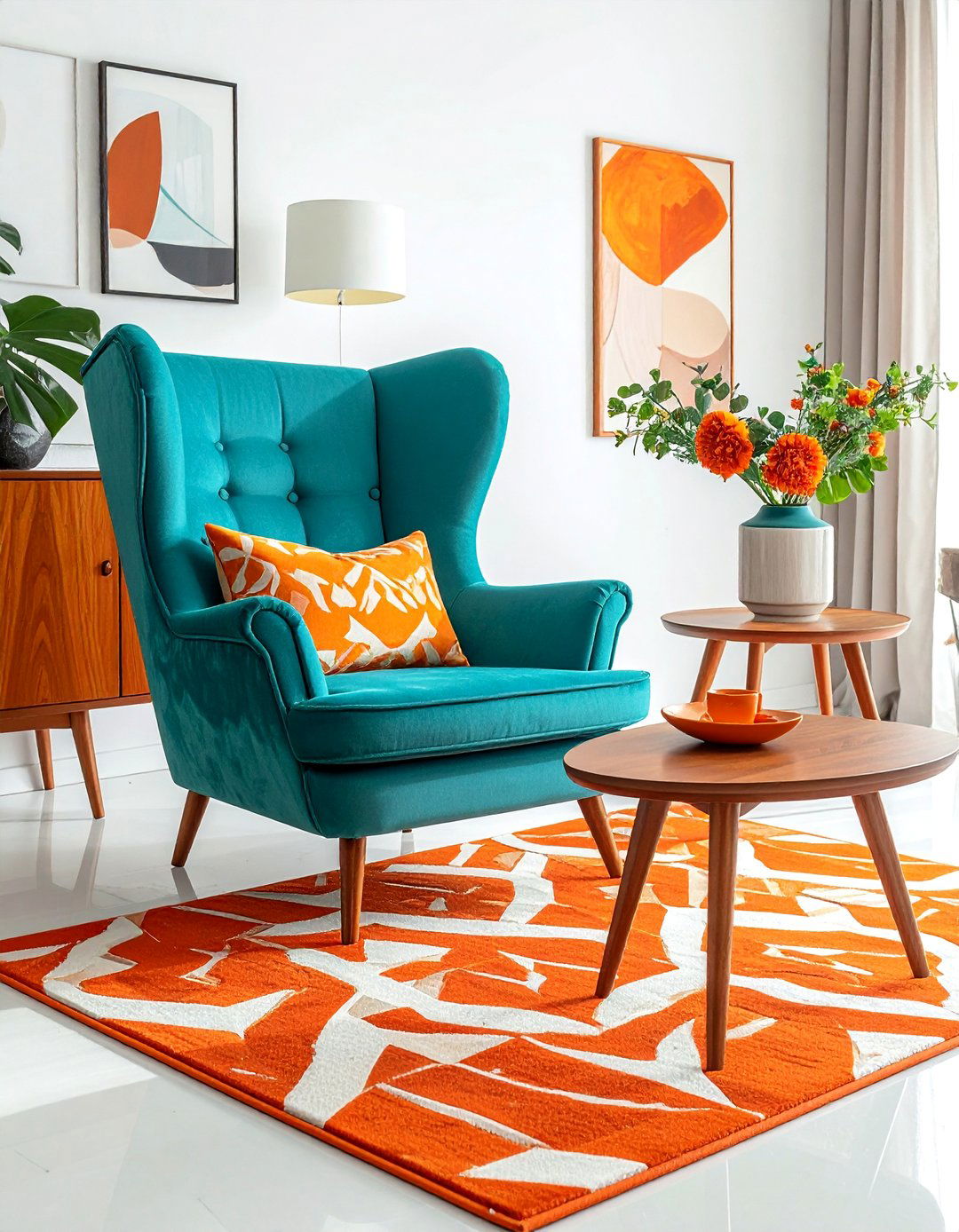 Mid Century Modern Living Room with Teal and Orange - 20 Teal and Orange Color Scheme Ideas for Your Rooms