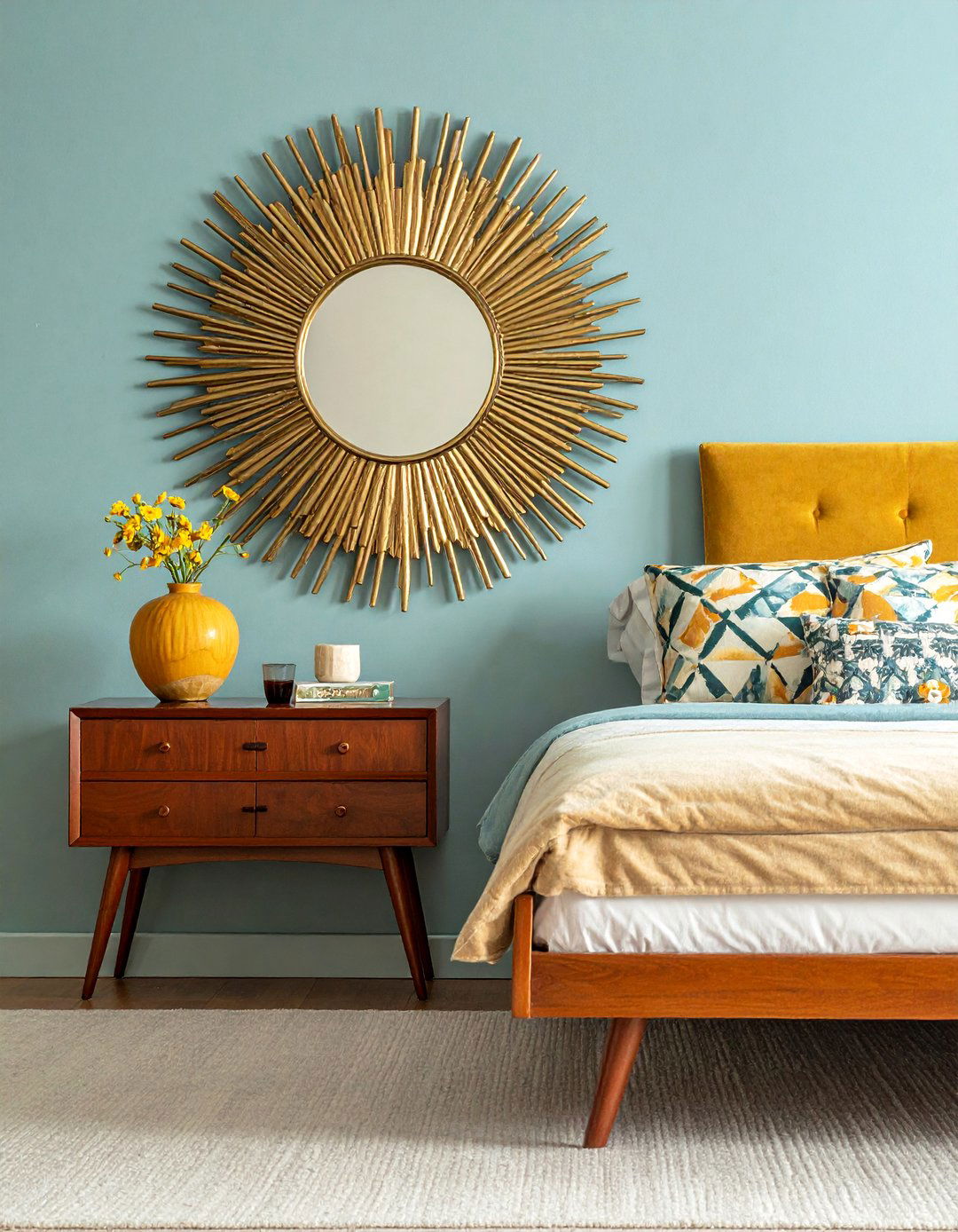 Mid Century Modern Starburst Mirrors - 30 Mirror Behind Nightstand Ideas for Stylish Bedrooms