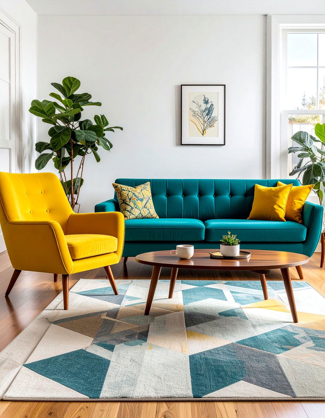 Mid Century Modern Teal and Yellow Living Room - 25 Vibrant Teal and Yellow Living Room Ideas