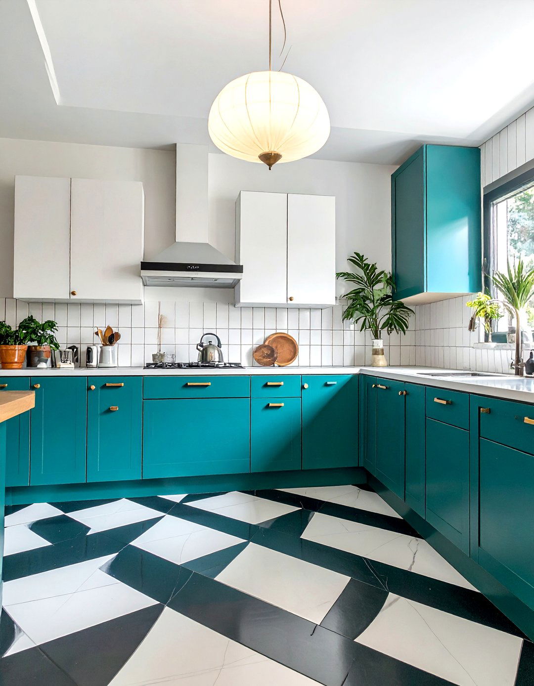 Mid century Modern Kitchen with Graphic Patterned Linoleum Flooring - 40 Mid-century Modern Kitchen Ideas for a Retro Vibe