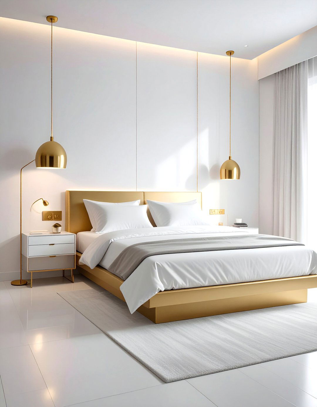 Minimalist Bedroom with Brushed Gold Fixtures - 25 White and Gold Bedroom Ideas for a Luxurious Look