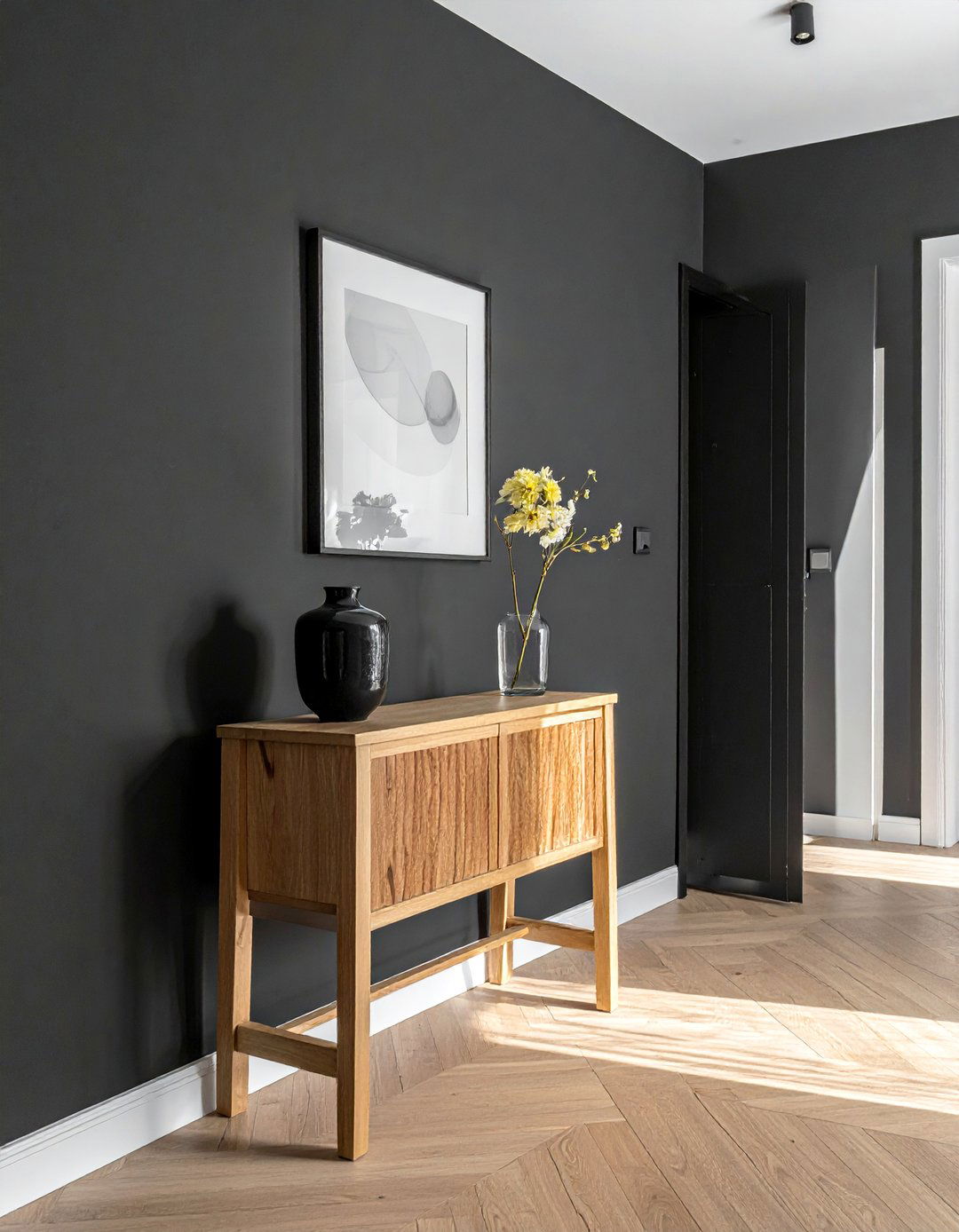 Minimalist Black Hallway with Wood Accents - 15 Black Hallway Ideas to Make a Bold Statement