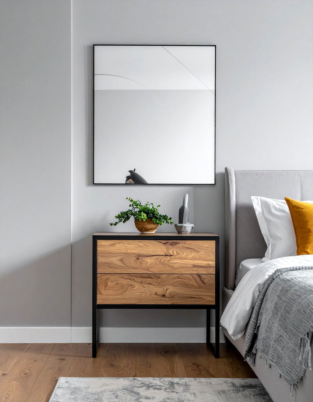 Minimalist Frameless Square Mirrors - 30 Mirror Behind Nightstand Ideas for Stylish Bedrooms