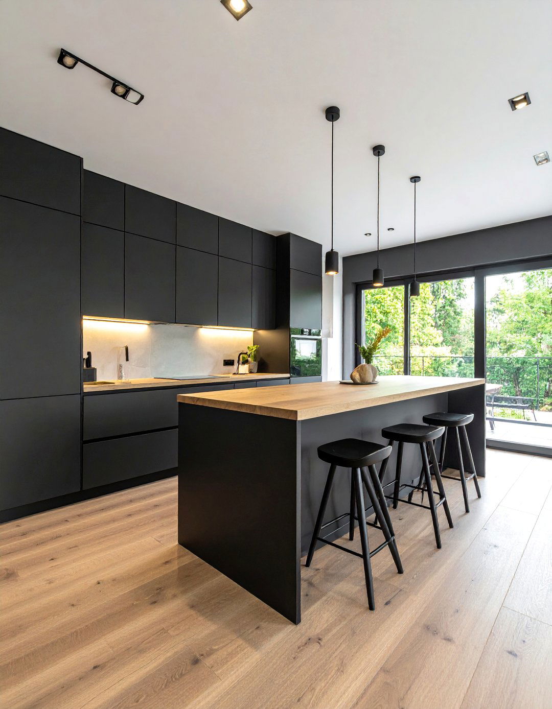 Minimalist Kitchen with Handleless Black Cabinets - 25 Stunning Kitchen Ideas with Black Cabinets & Wood Countertops