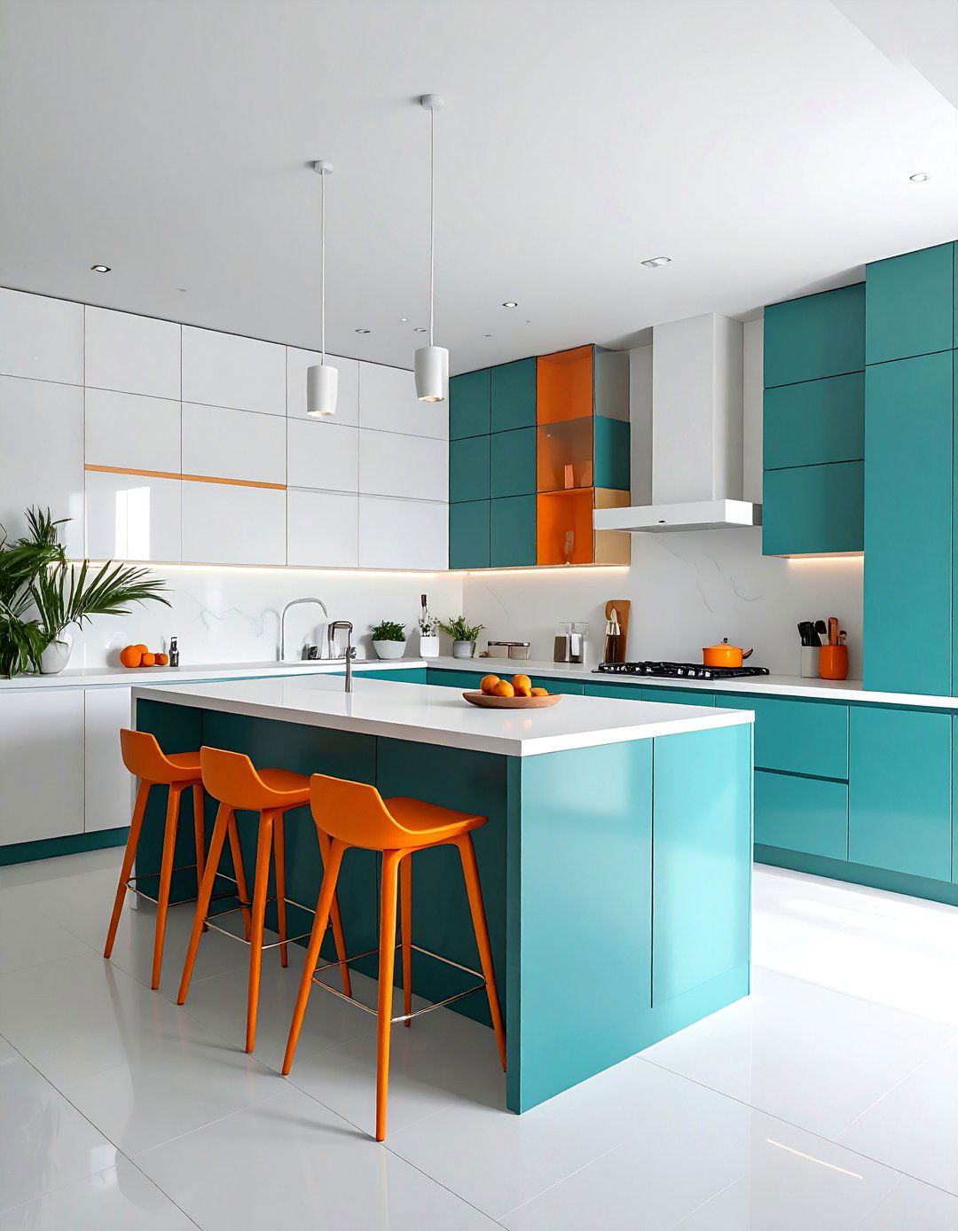 Minimalist Kitchen with Teal Cabinets and Orange Accents - 20 Teal and Orange Color Scheme Ideas for Your Rooms