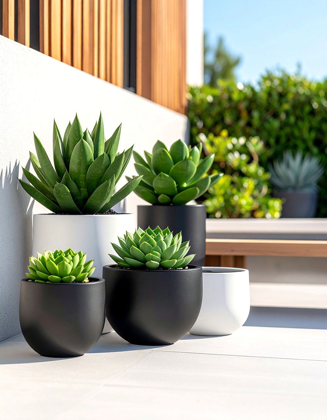 Minimalist Patio with Black and White Planters - 20 Black and White Patio Ideas for Stylish Outdoor Spaces
