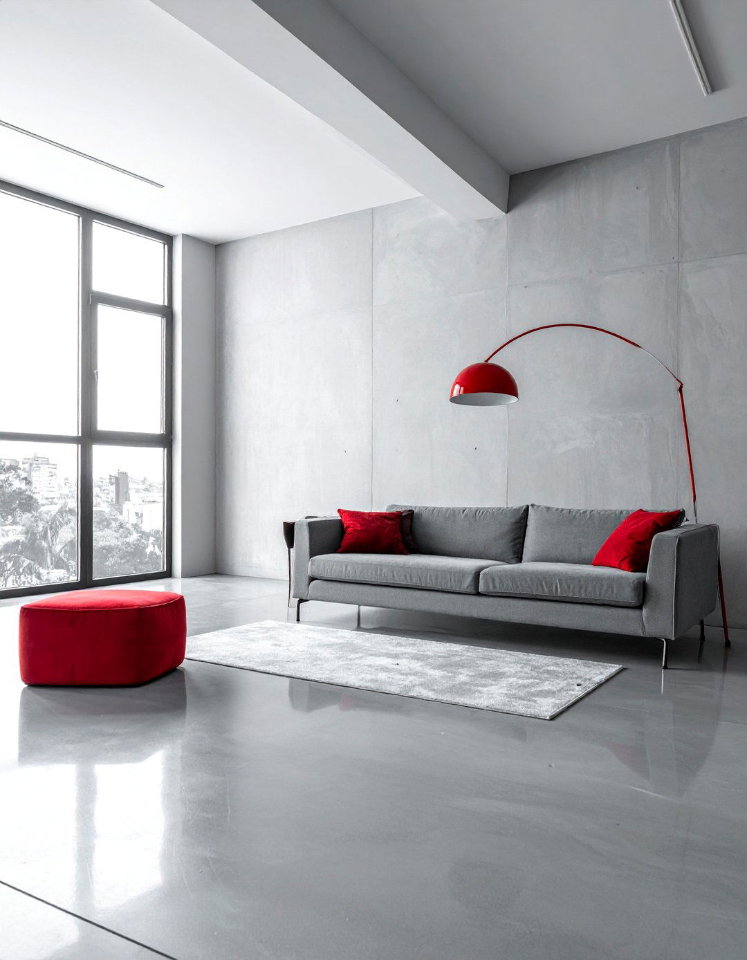 Minimalist Space with Grey Floor and a Red Floor Lamp - 25 Red and Grey Living Room Ideas for a Modern Look