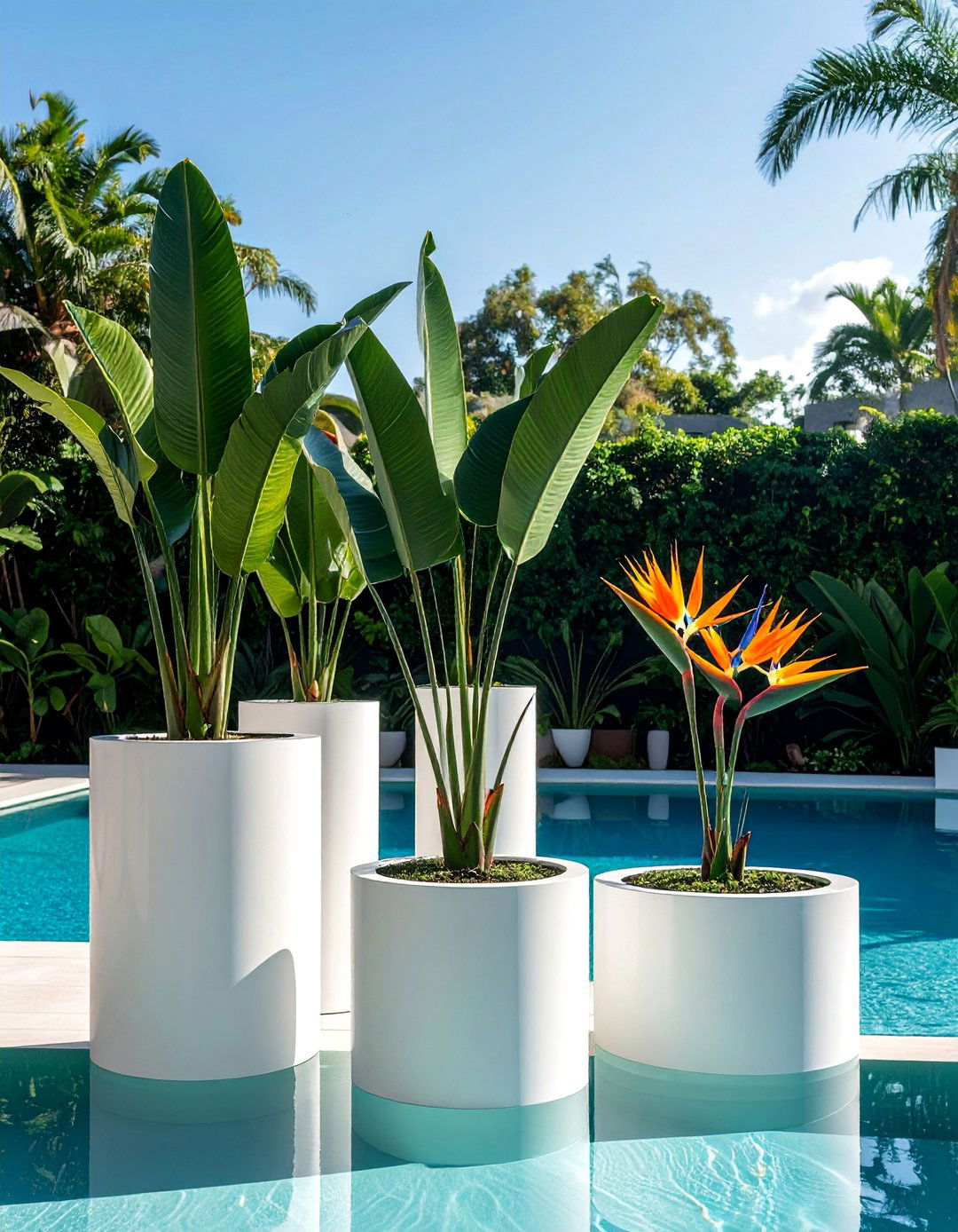 Minimalist White Cylinder Planters - 30 Pool Planter Ideas for a Lush Backyard Oasis
