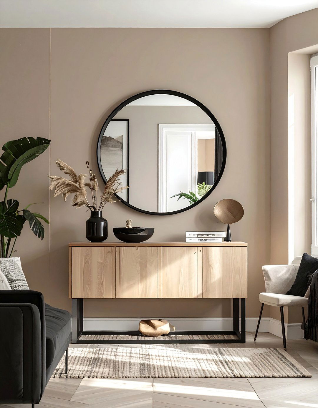 Mirrored Accents with Black Frames - 30 Black and Beige Living Room Ideas for a Neutral Palette
