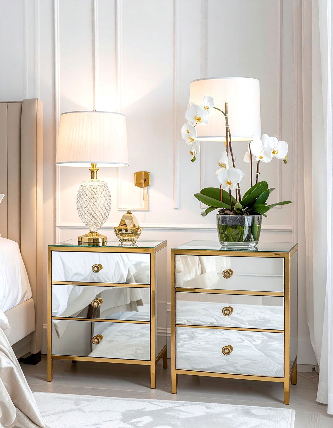 Mirrored Nightstands with Gold Trim - 25 White and Gold Bedroom Ideas for a Luxurious Look