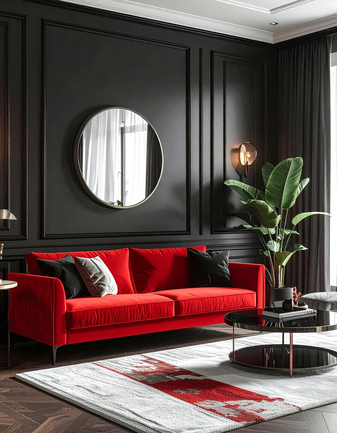 Mirrored Surfaces in a Dark Living Room - 25 Black and Red Living Room Ideas for Bold Interiors