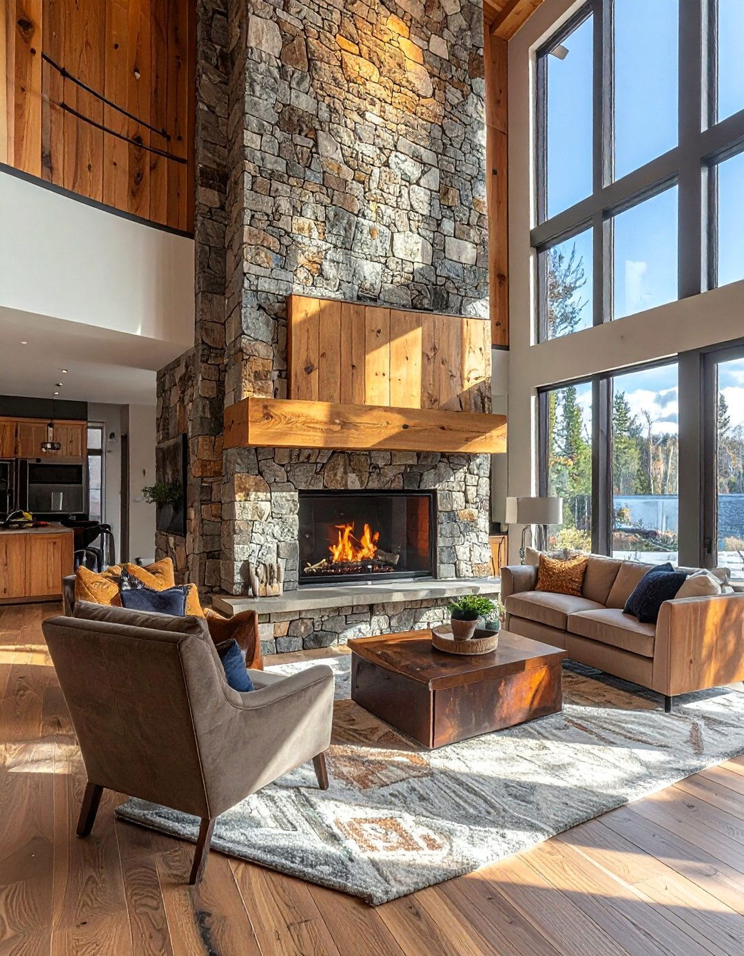Mixed Material Stone and Wood Combination - 25 Stunning Two-Story Fireplace Design Ideas
