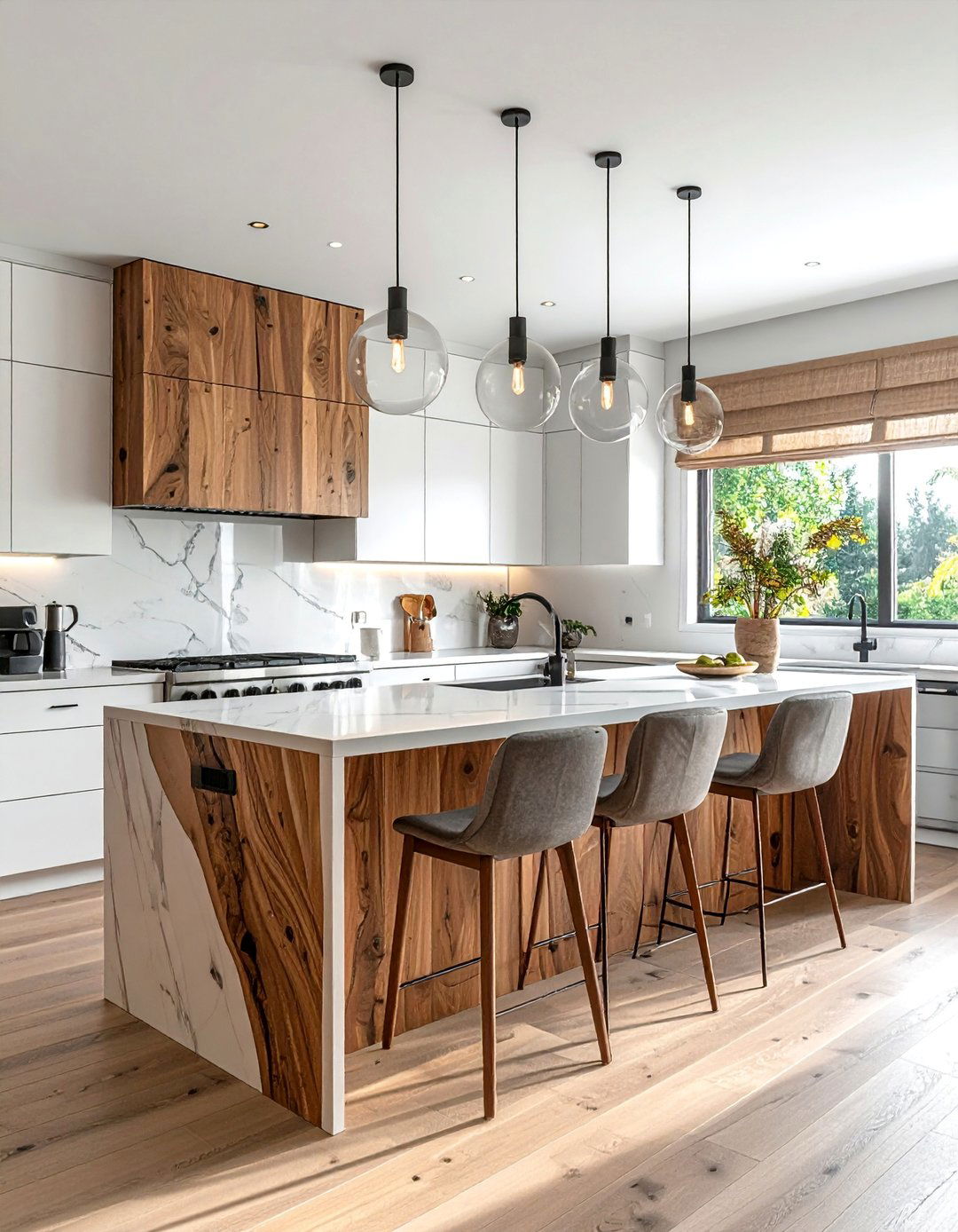 Mixed Material Wood and Quartz Combination - 15 Waterfall Kitchen Island Ideas for Modern Homes