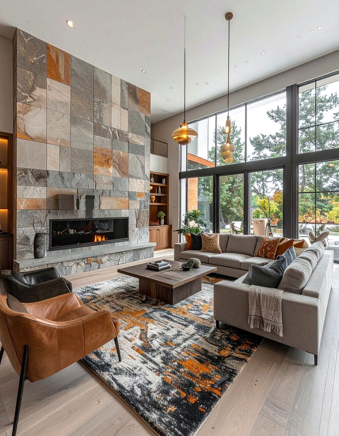 Mixed Texture Stone and Tile Combination - 25 Stunning Two-Story Fireplace Design Ideas
