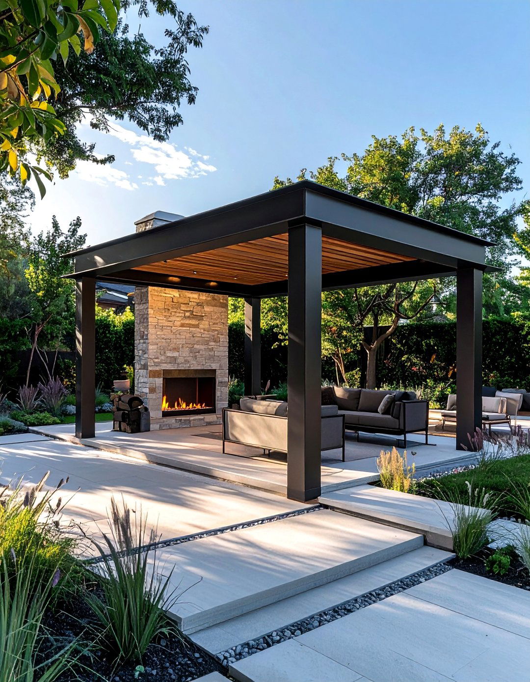 Modern Aluminum Gazebo with Linear Gas Fireplace - 25 Gazebo With Fireplace Ideas for Cozy Outdoor Living