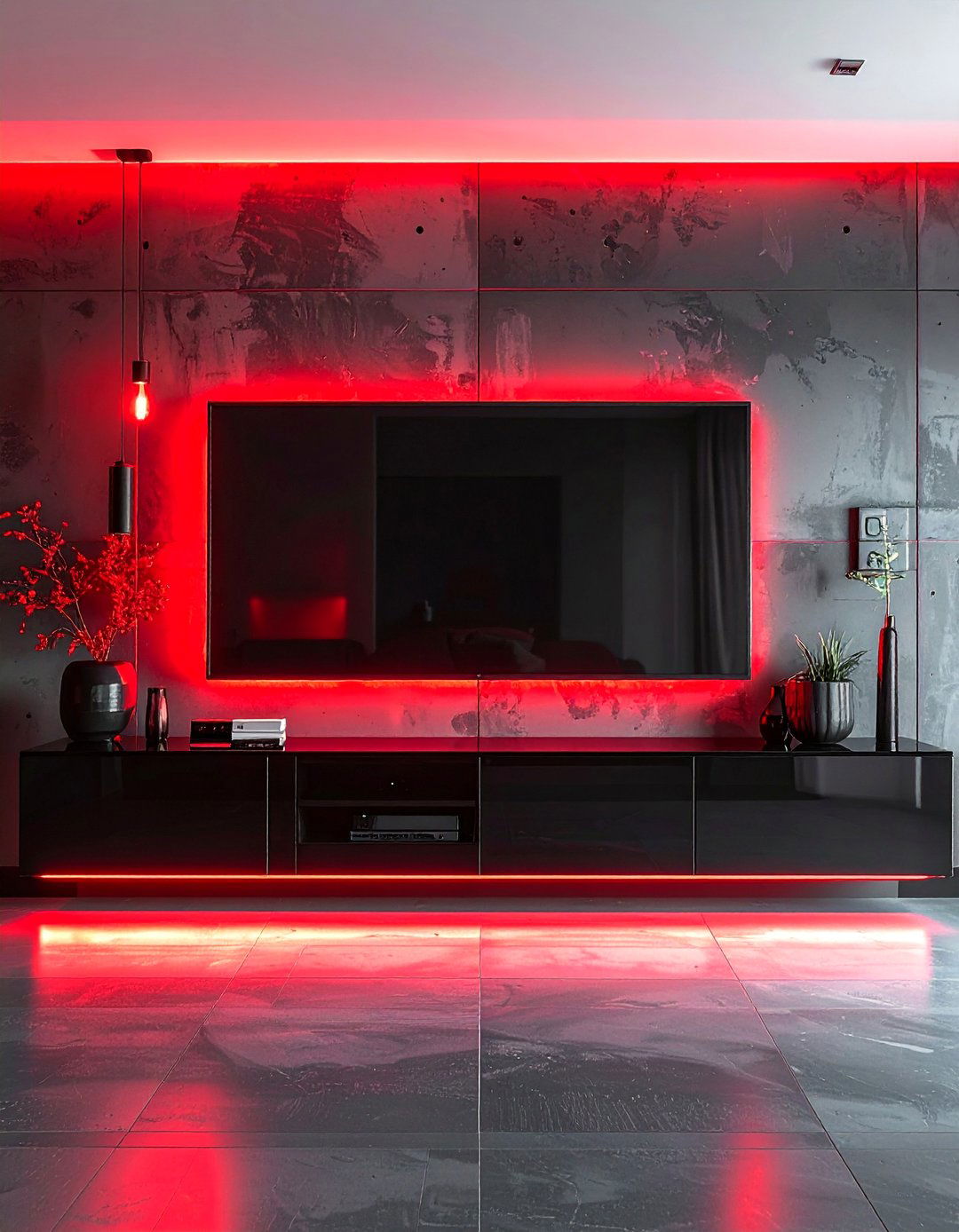 Modern Black Media Console with Red LED Lighting - 25 Black and Red Living Room Ideas for Bold Interiors