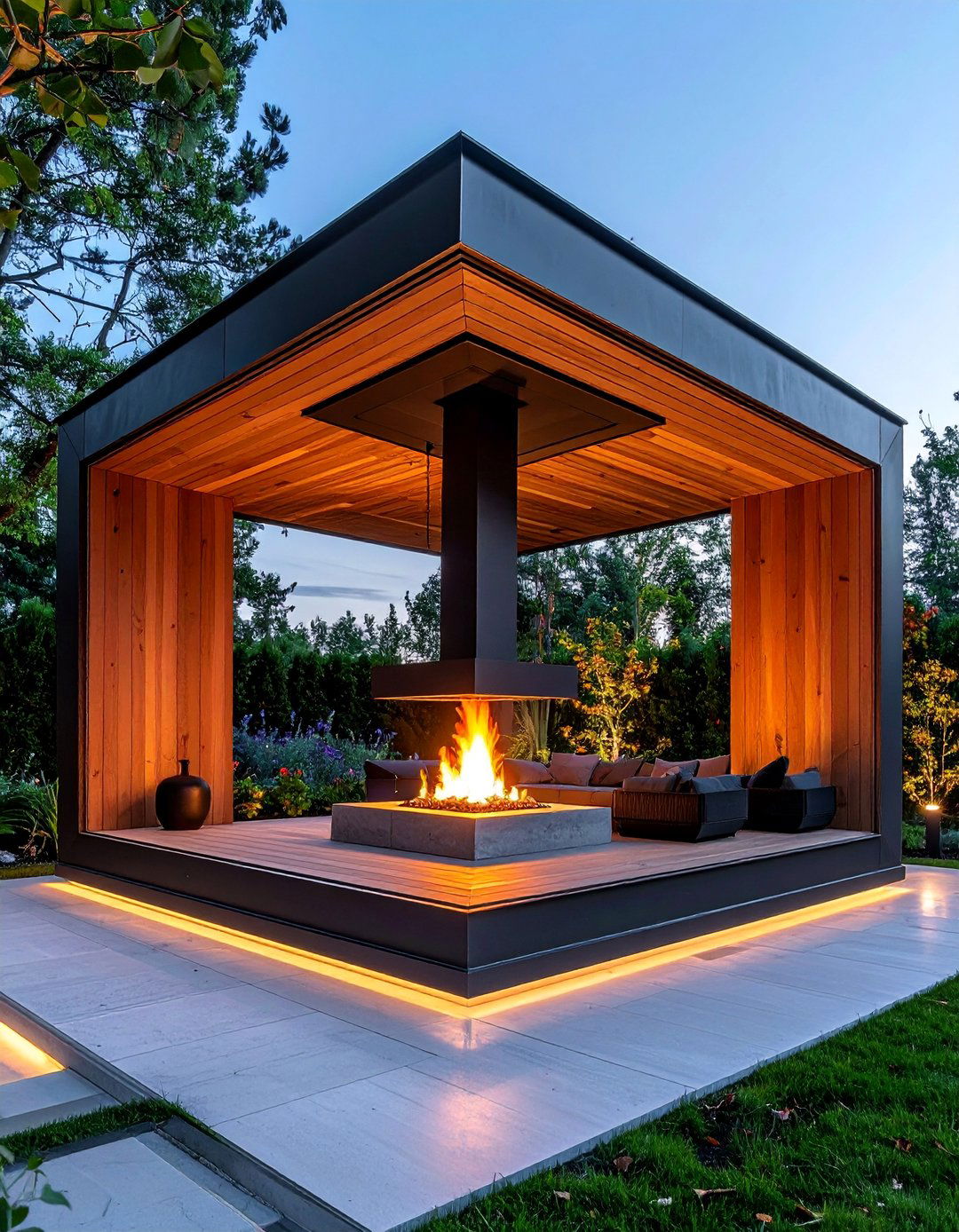 Modern Cube Gazebo with Suspended Fireplace - 25 Gazebo With Fireplace Ideas for Cozy Outdoor Living
