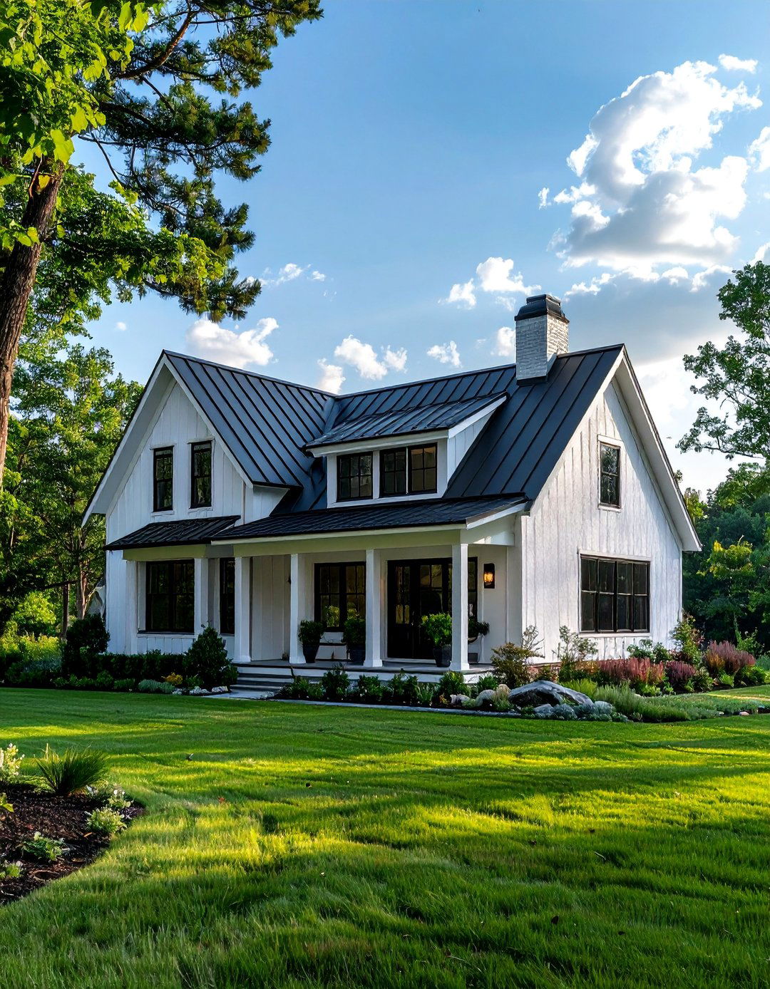 Modern Farmhouse Single Story White House with Black Trim - 30 Single Story White House Black Trim Designs