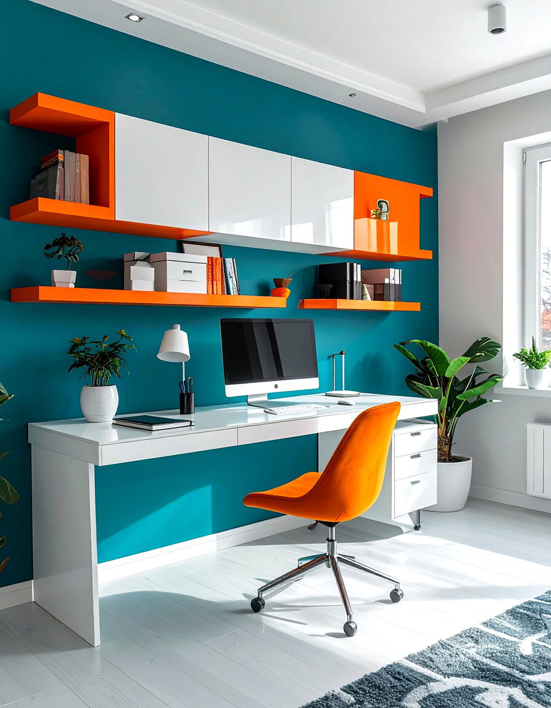 Modern Home Office with Teal Shelving - 20 Teal and Orange Color Scheme Ideas for Your Rooms