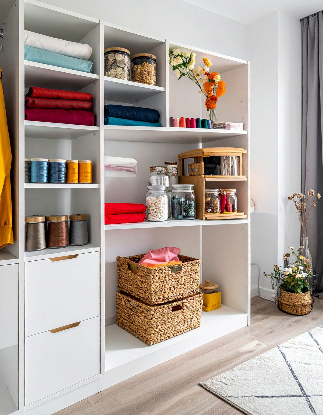 Modern Open Shelving Display - 15 Sewing Room Ideas for Craft Enthusiasts