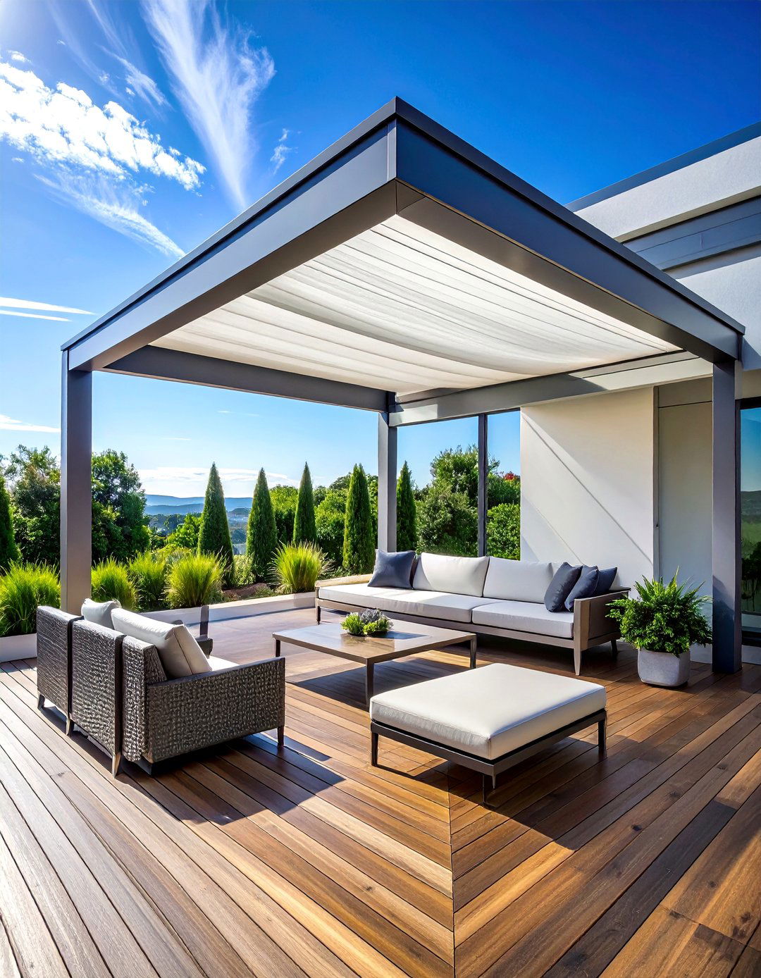 Modern Pergola with Retractable Canopy - 30 Partially Covered Deck Ideas for Year-Round Enjoyment