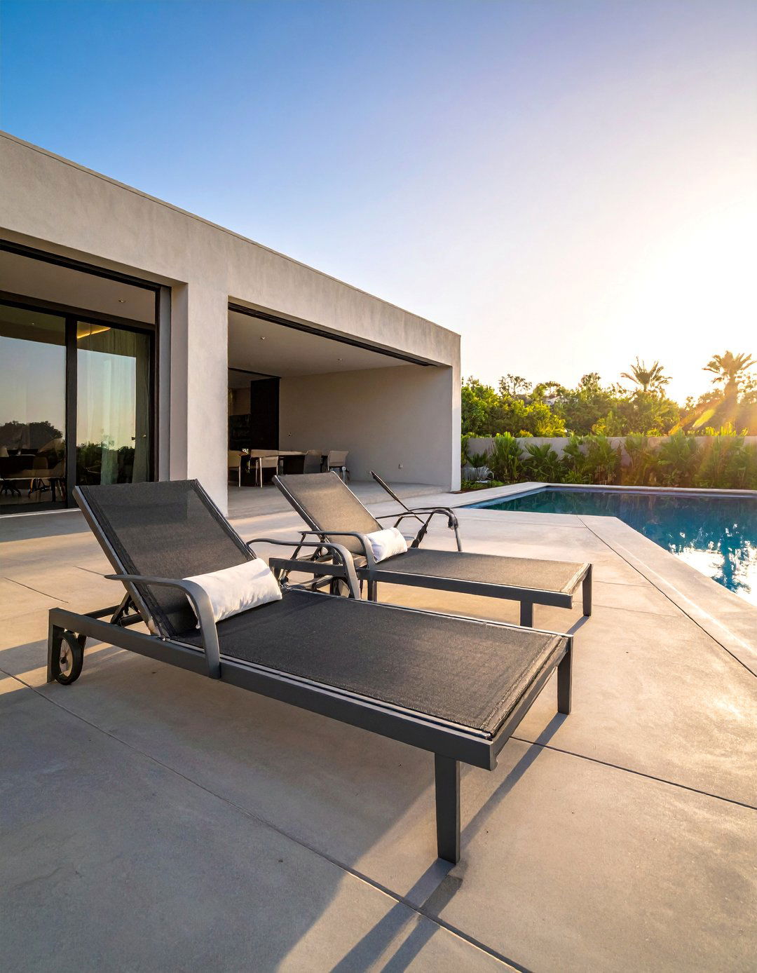 Modern Poolside Chaise Lounges - 20 Pool Decor Ideas for a Refreshing Outdoor Oasis