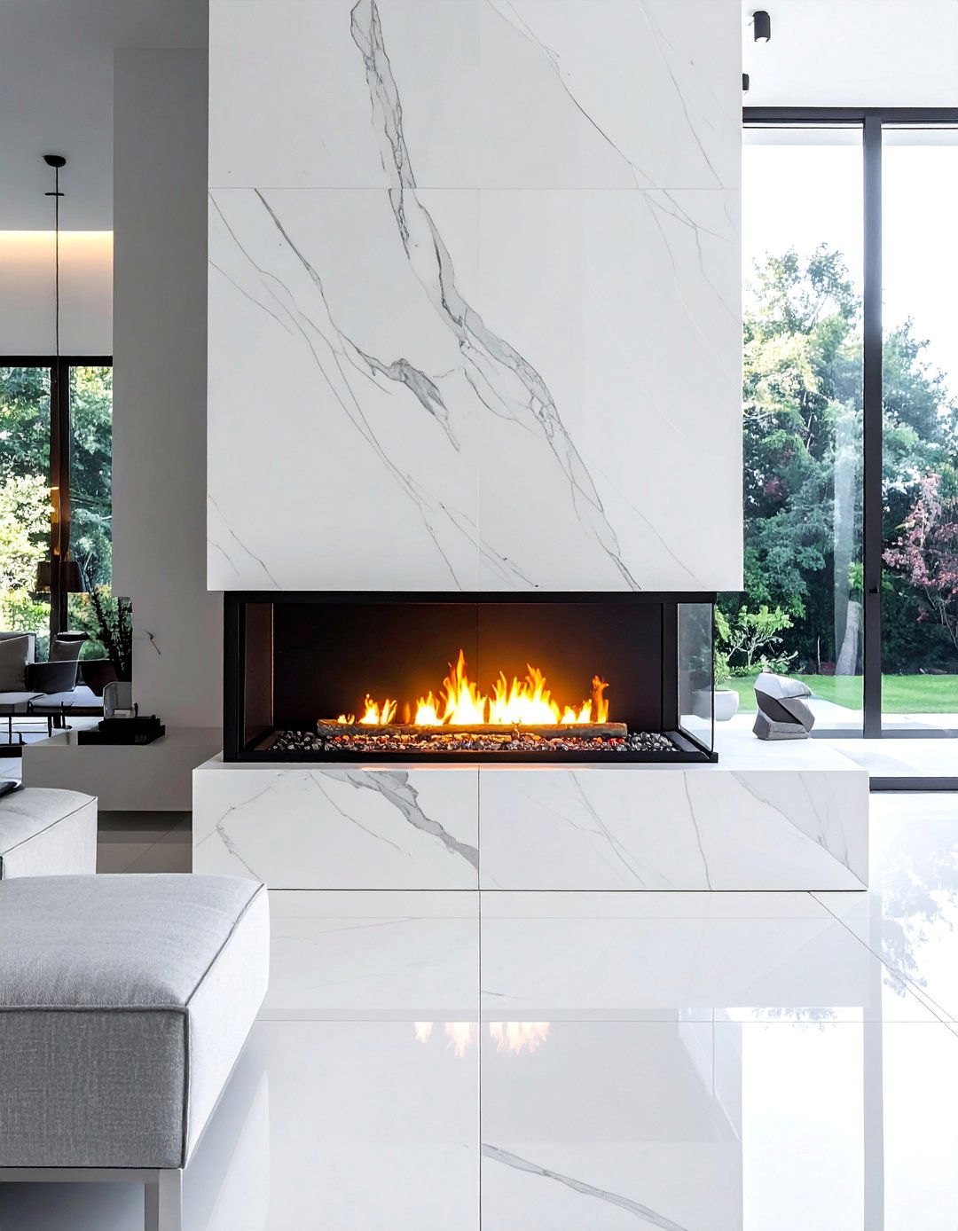 Modern Quartz Slab Fireplace Surround - 25 Stunning Two-Story Fireplace Design Ideas