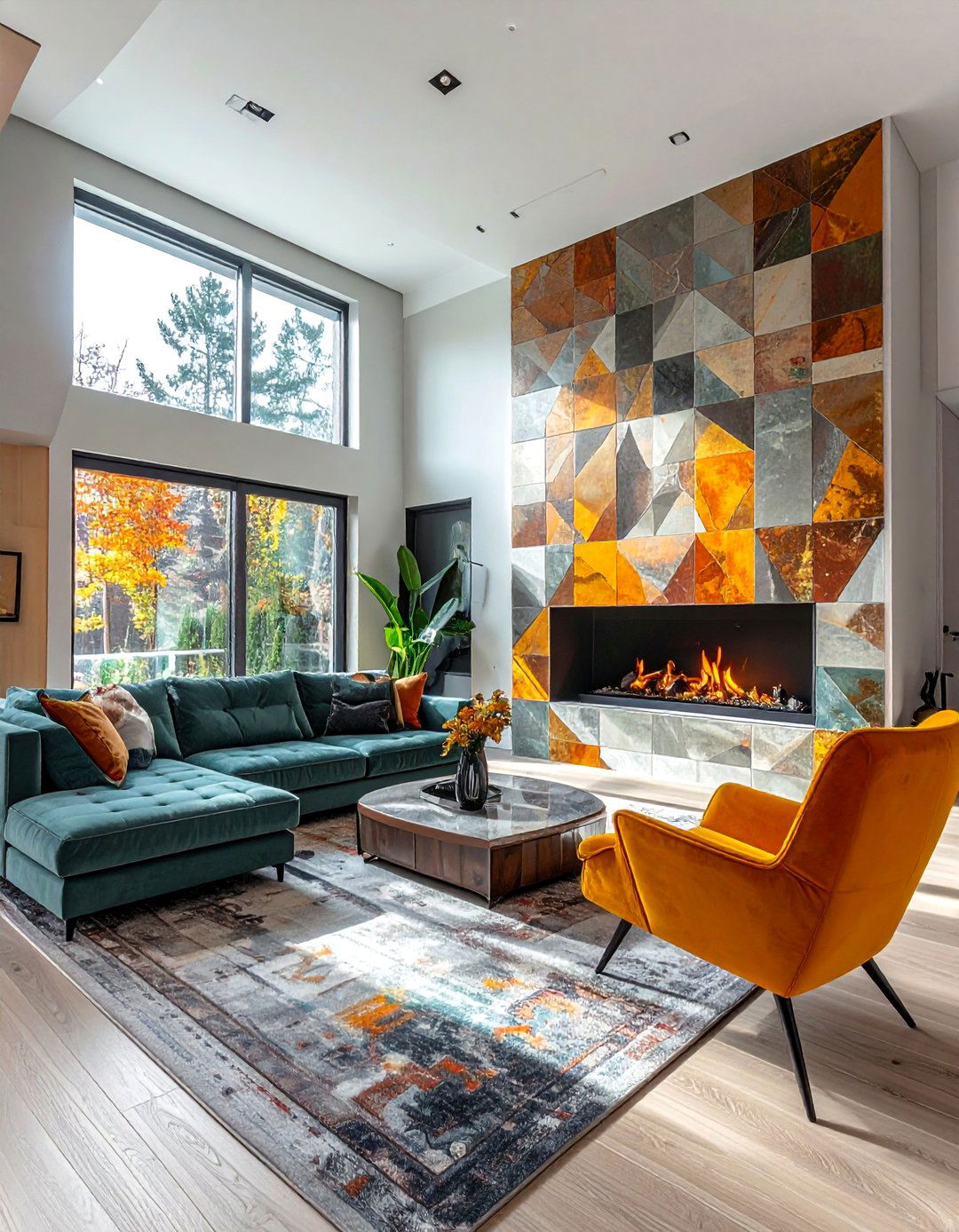 Modern Tile Mosaic Feature Wall - 25 Stunning Two-Story Fireplace Design Ideas