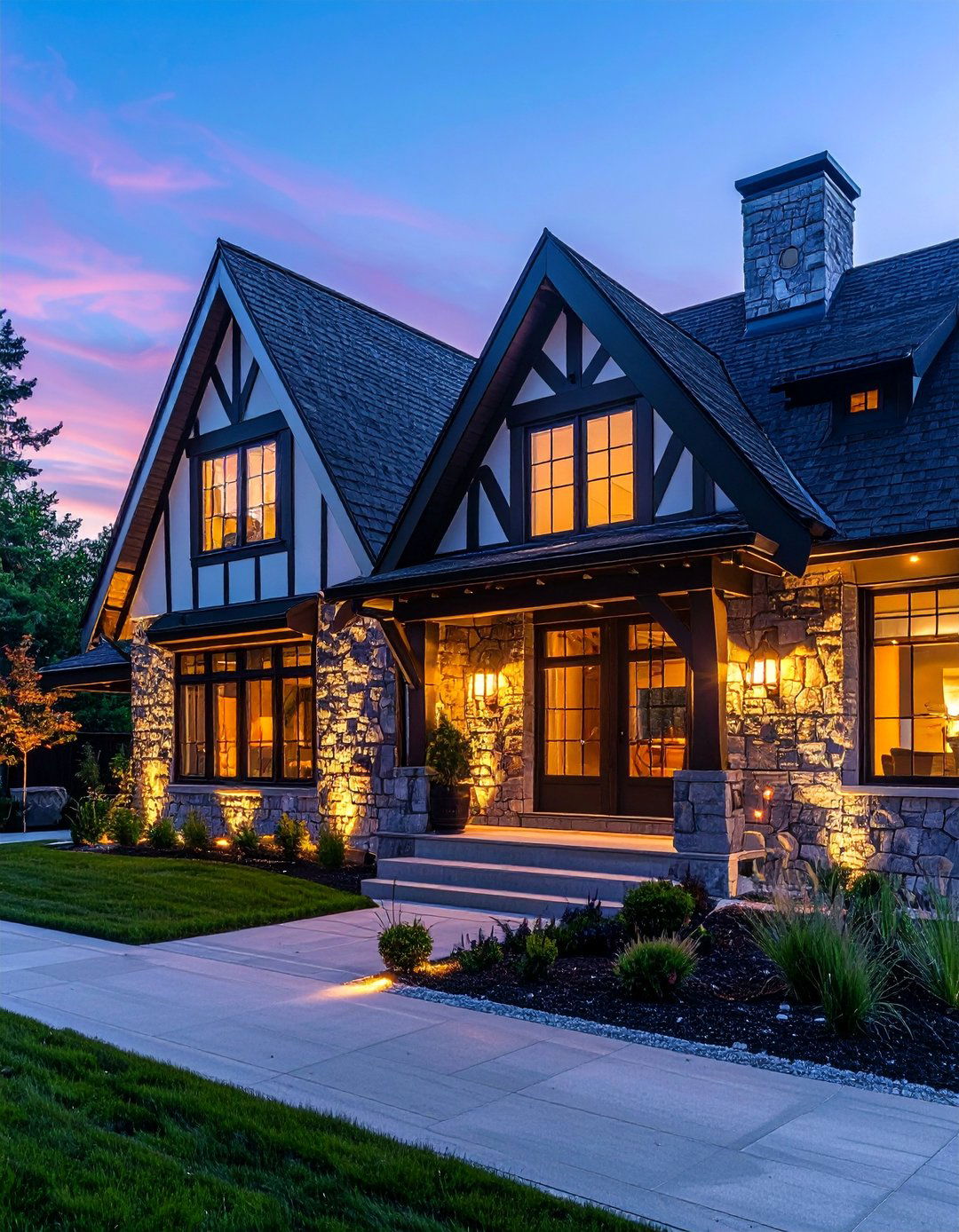 Modern Tudor with Integrated Exterior Lighting - 30 Modern Tudor Exterior Inspiration Ideas