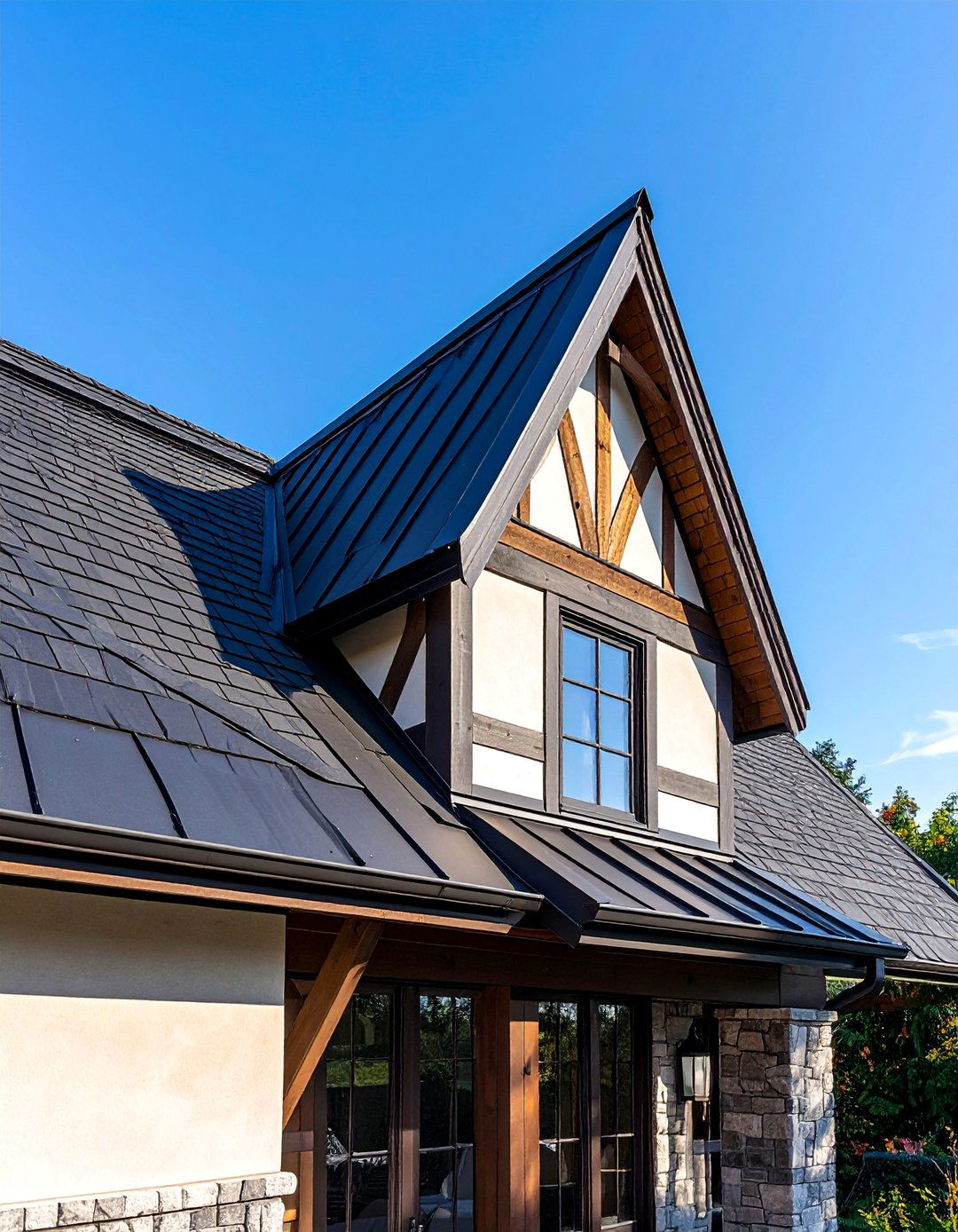 Modern Tudor with Metal Roof Accents - 30 Modern Tudor Exterior Inspiration Ideas