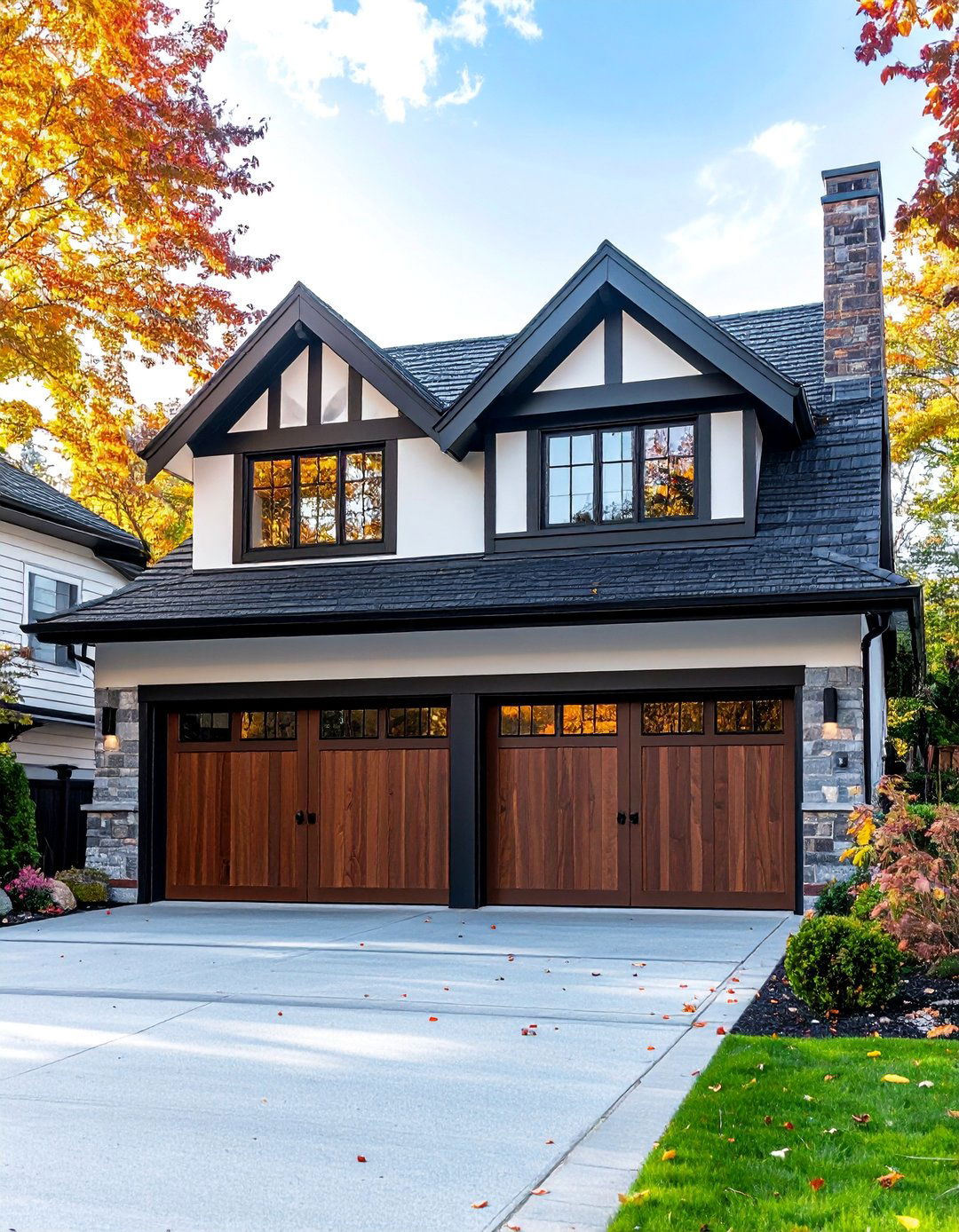 Modern Tudor with Sleek Garage Doors - 30 Modern Tudor Exterior Inspiration Ideas