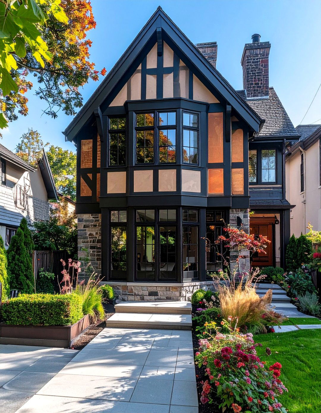 Modern Tudor with Two Story Bay Windows - 30 Modern Tudor Exterior Inspiration Ideas