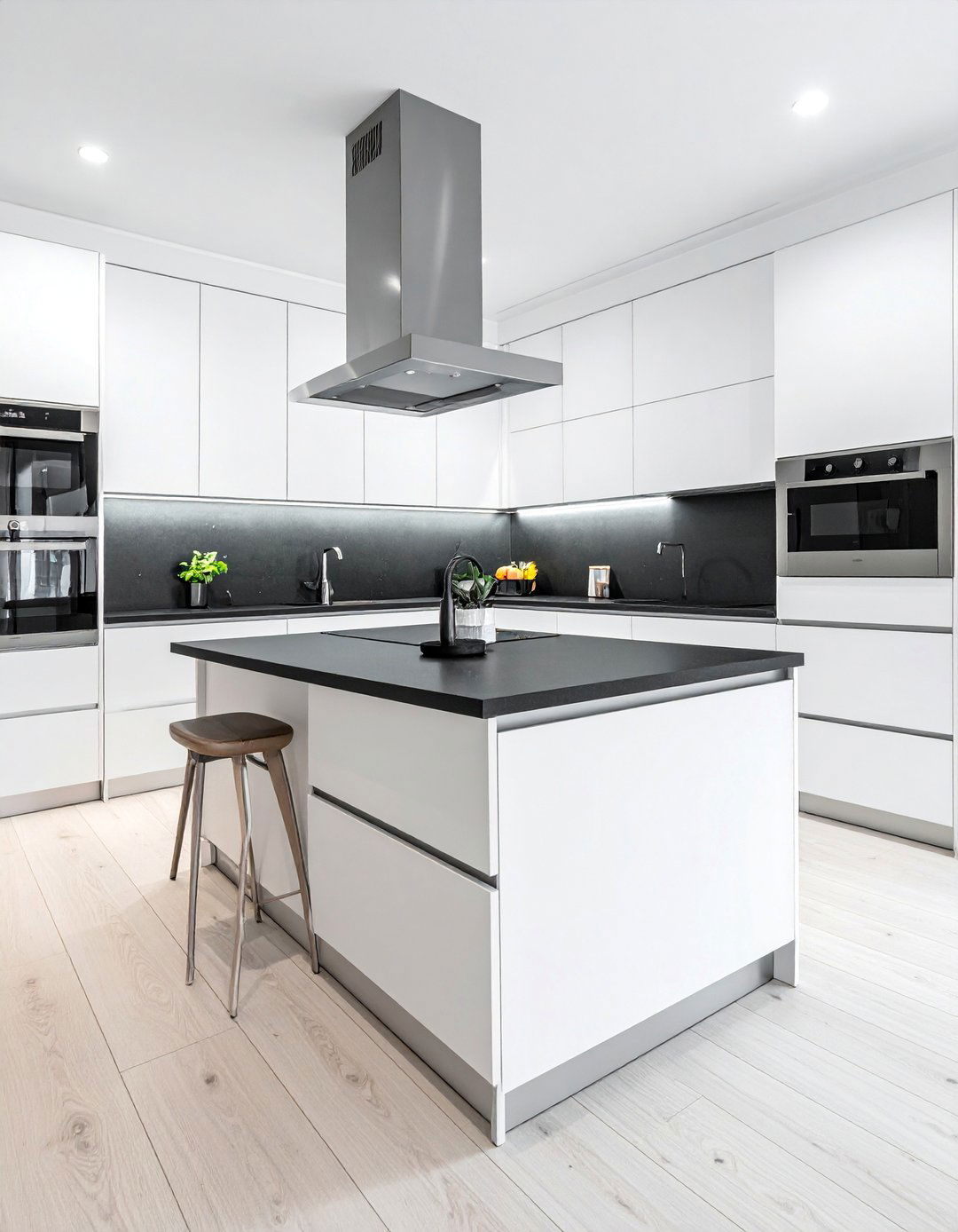 Modern White Flat Panel Cabinets with Matte Black Quartz Countertops - 40 White Kitchen Ideas with Black Countertops