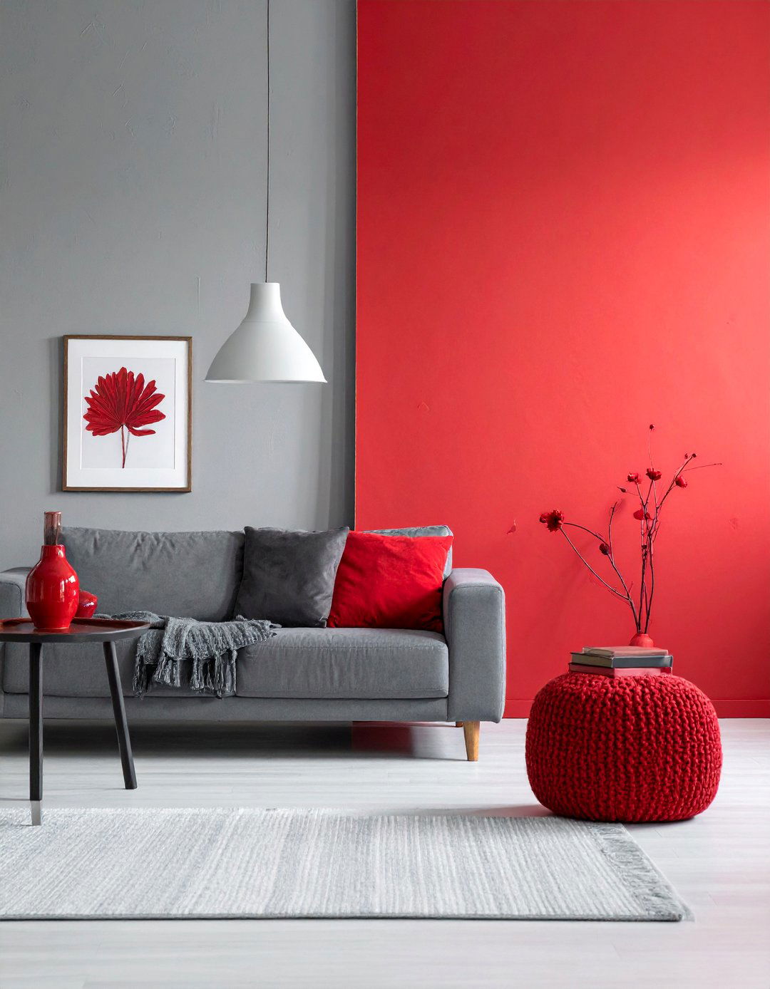 Monochromatic Grey Room with Pops of Red - 25 Red and Grey Living Room Ideas for a Modern Look