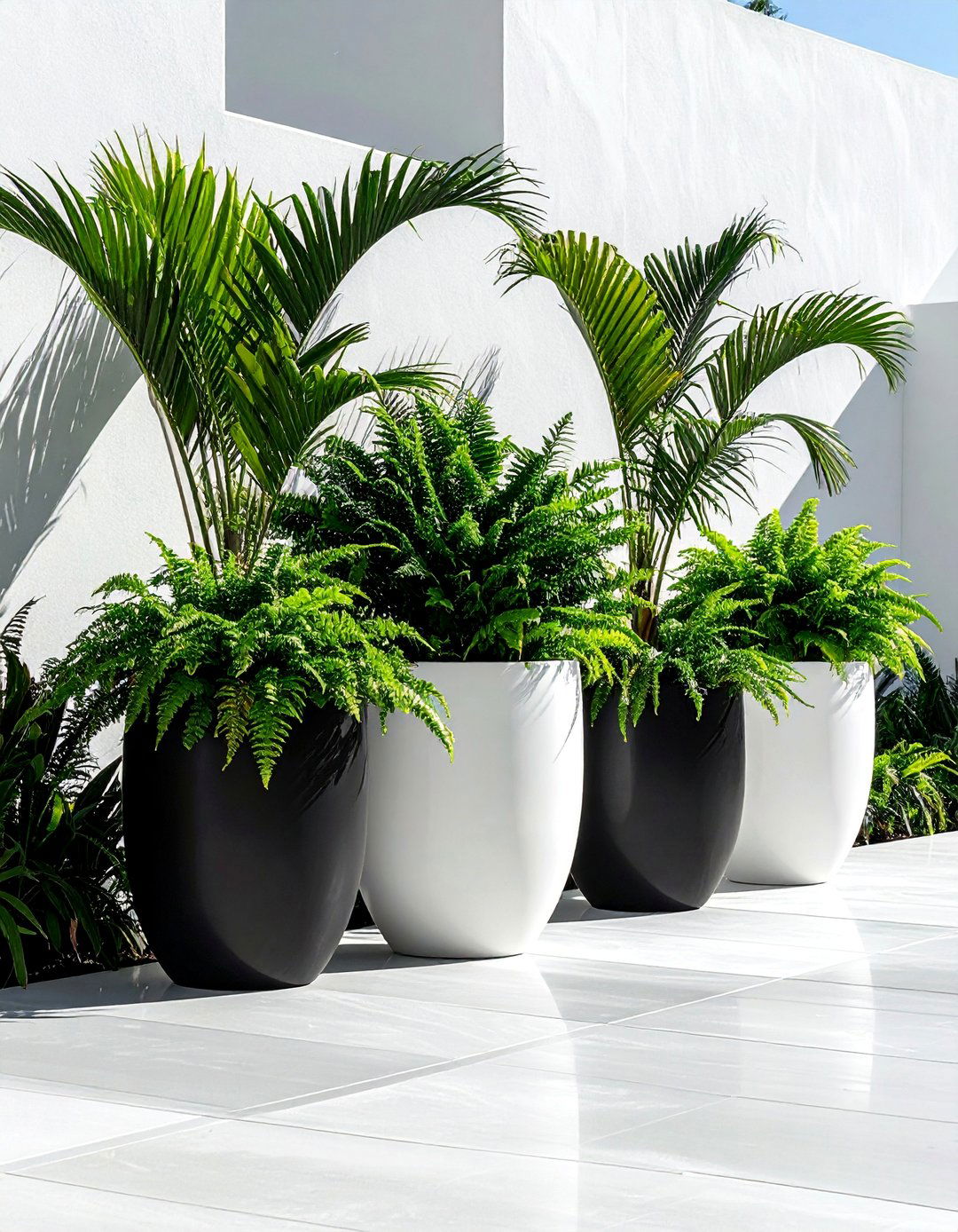 Monochromatic Patio with Bold Green Plants - 20 Black and White Patio Ideas for Stylish Outdoor Spaces