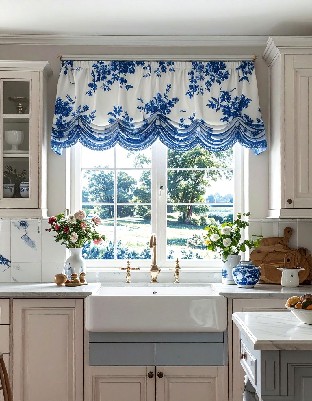 Monochromatic Toile Print Kitchen Valance - 20 Kitchen Valance Ideas for a Stylish and Functional Space