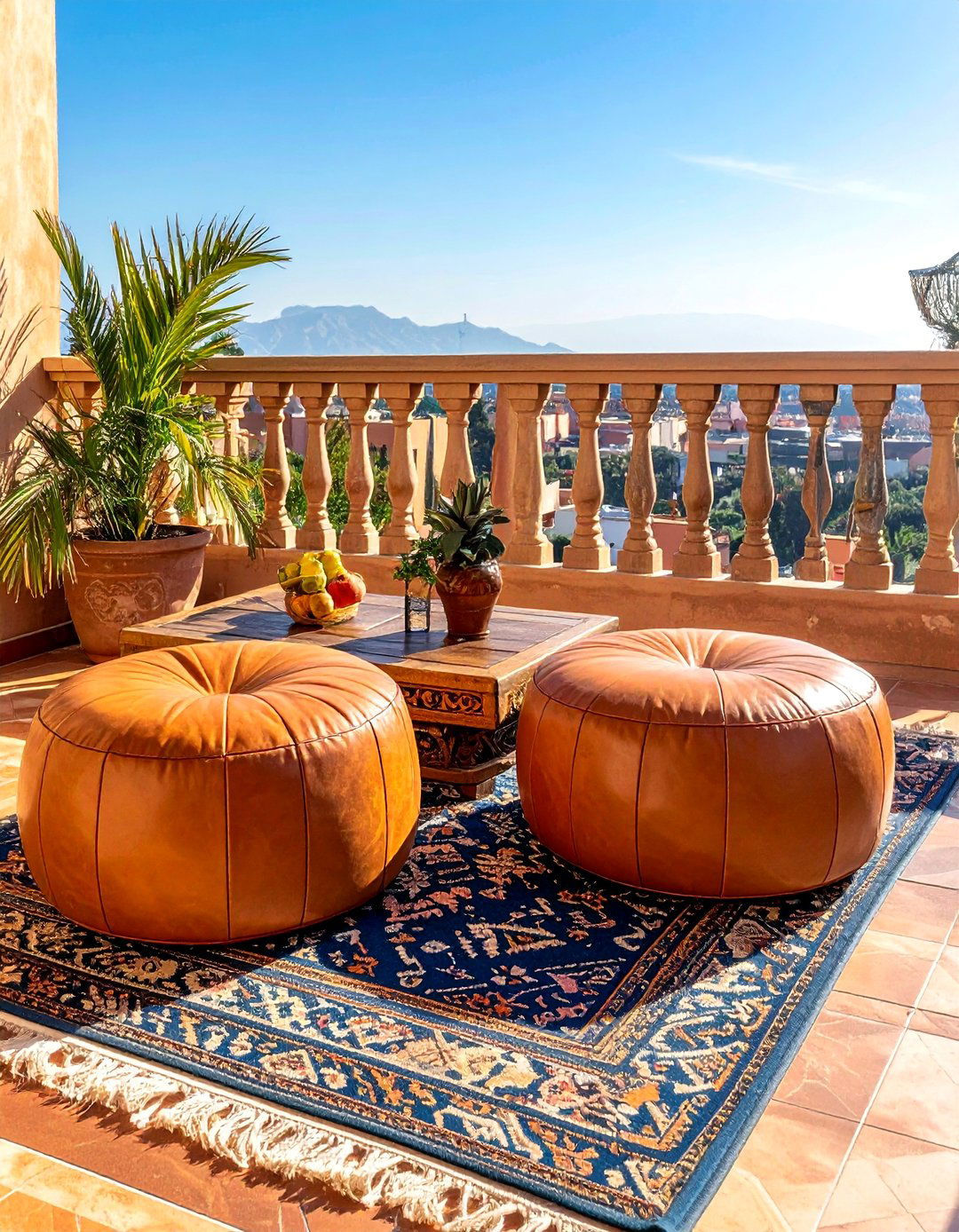 Moroccan Inspired Poufs on a Mediterranean Balcony - 20 Mediterranean Balcony Ideas for a Scenic Escape