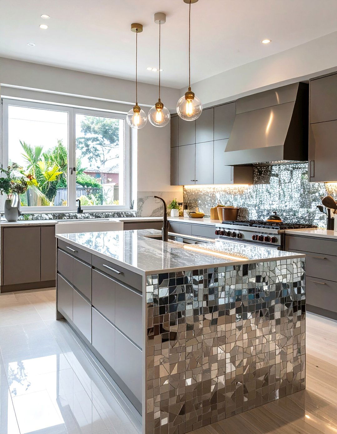 Mosaic Mirror Tile Composition - 30 Mirrored Backsplash Kitchen Ideas for a Sleek Look