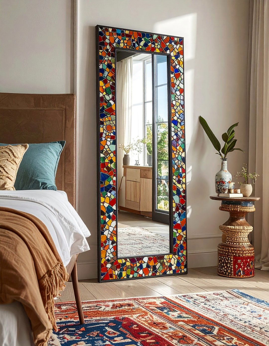 Mosaic Tile Frame Mirrors - 30 Mirror Behind Nightstand Ideas for Stylish Bedrooms