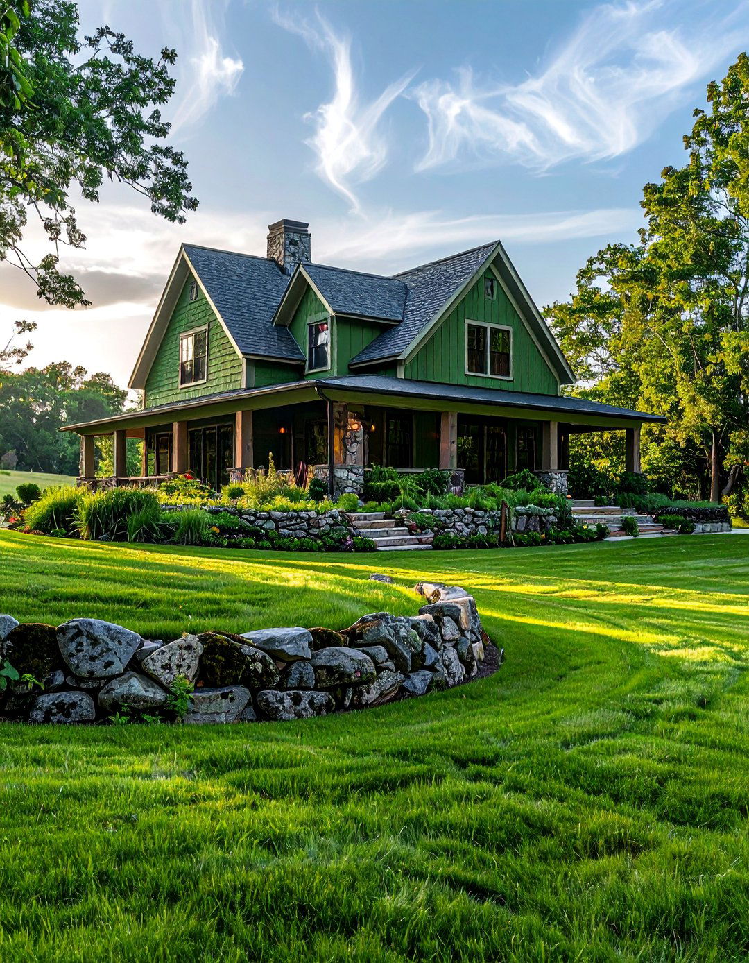 Moss Green Farmhouse with a Stone Foundation - 25 Farmhouse Green Exterior Home Ideas for Curb Appeal
